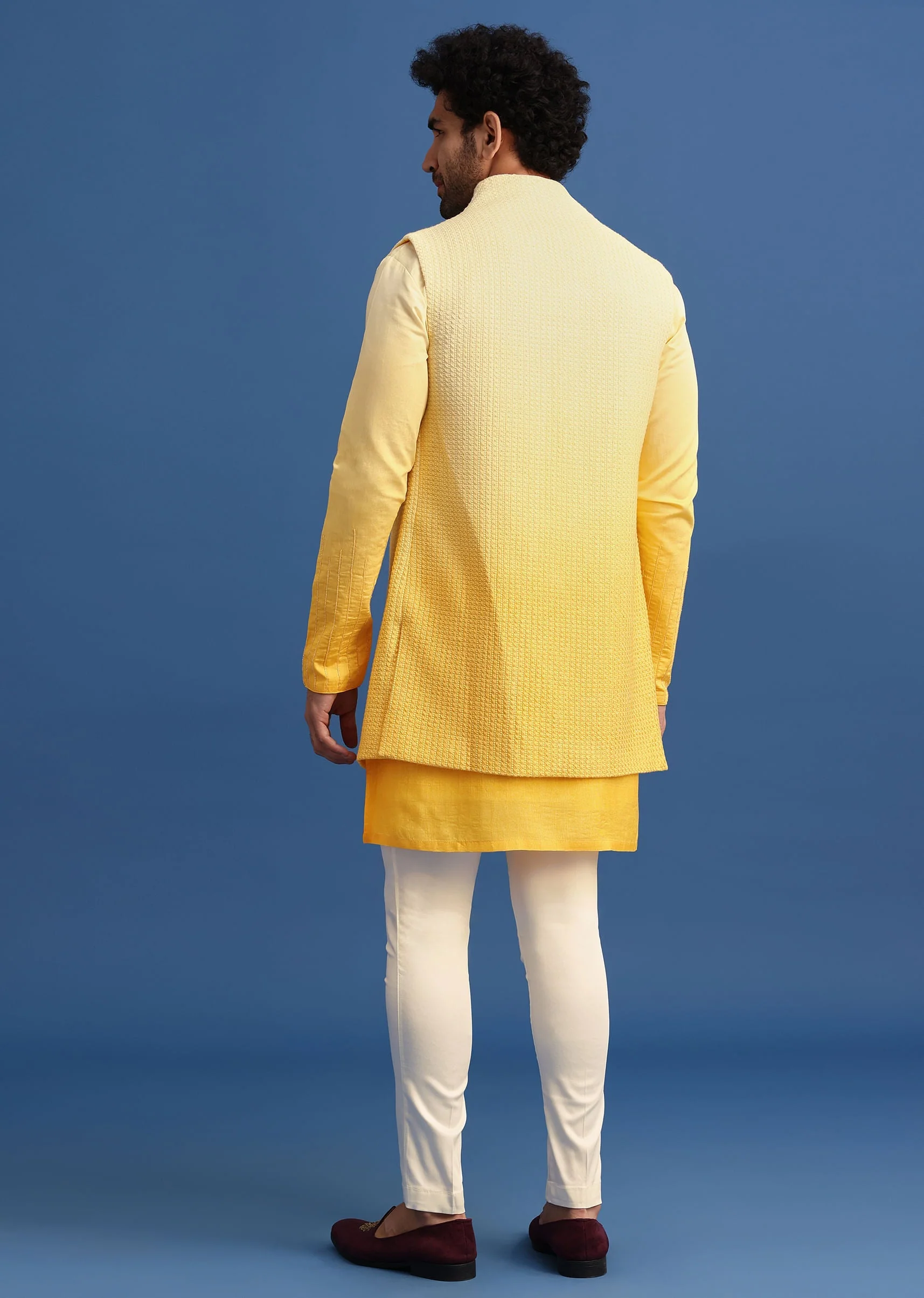 Yellow Ombre Silk Kurta Jacket Set With Zardozi Work - Image 5