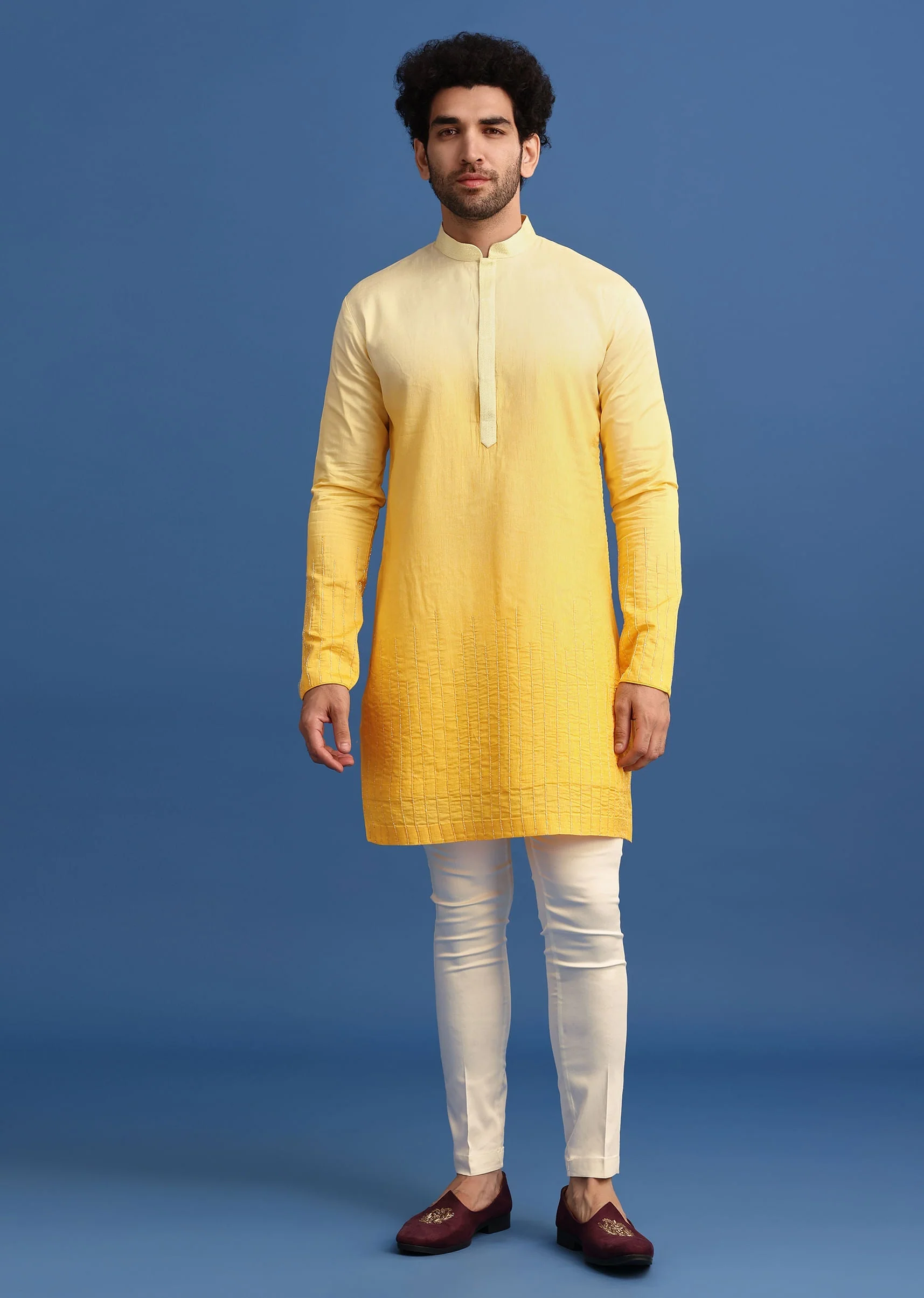 Yellow Ombre Silk Kurta Jacket Set With Zardozi Work - Image 6