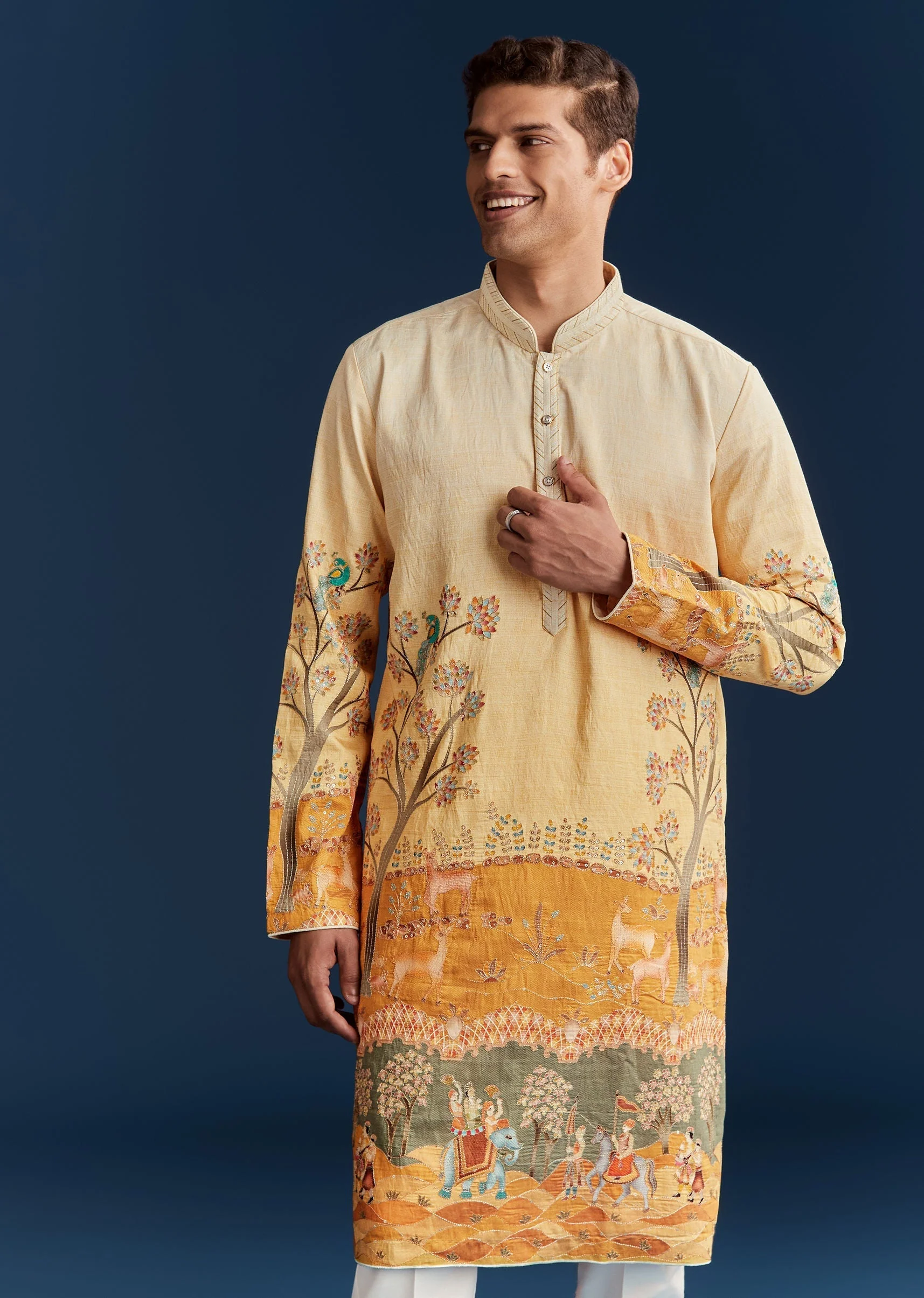 Yellow Ombre Silk Kurta Set With Floral And Animal Print Motifs - Image 2