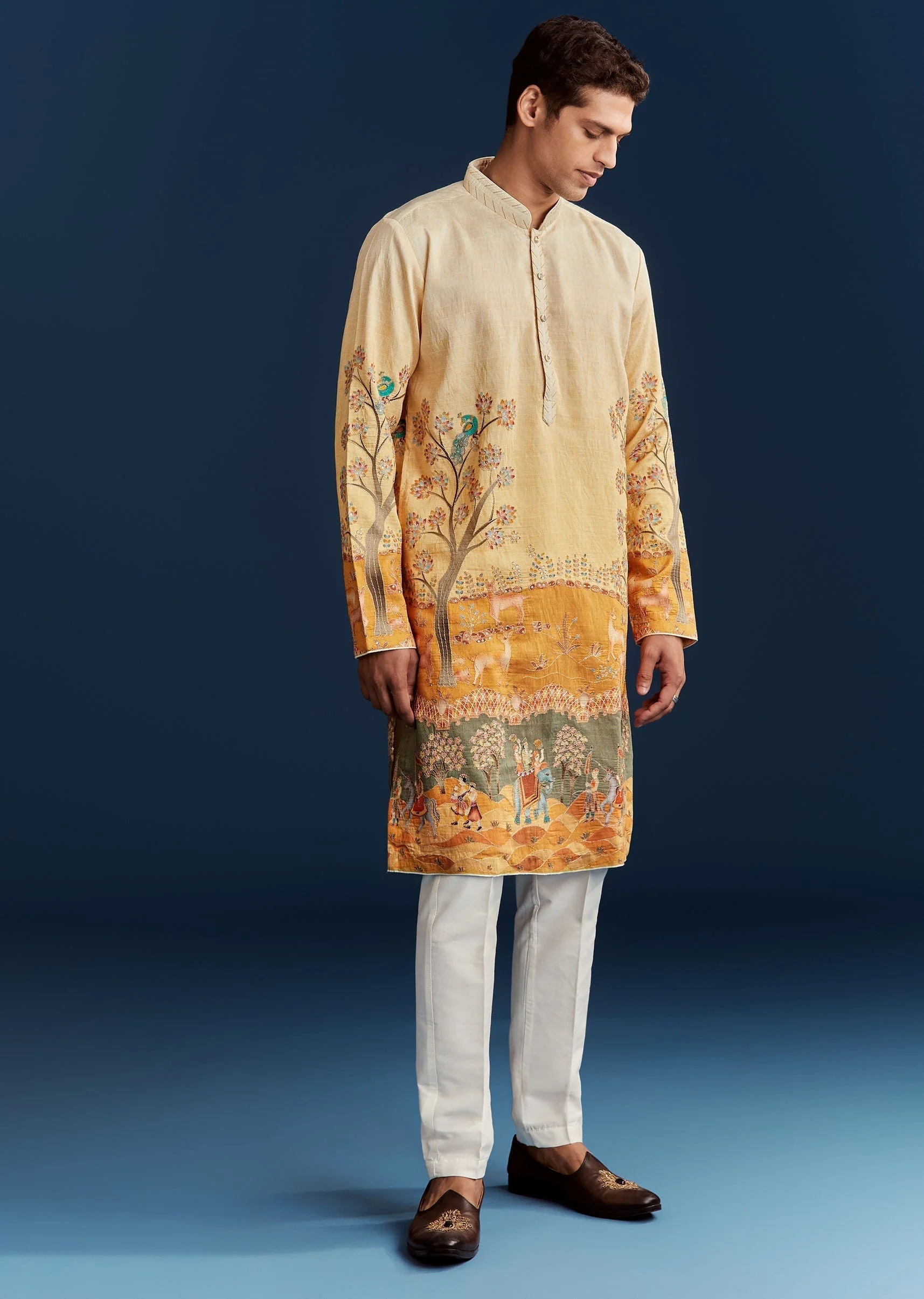 Yellow Ombre Silk Kurta Set With Floral And Animal Print Motifs - Image 3