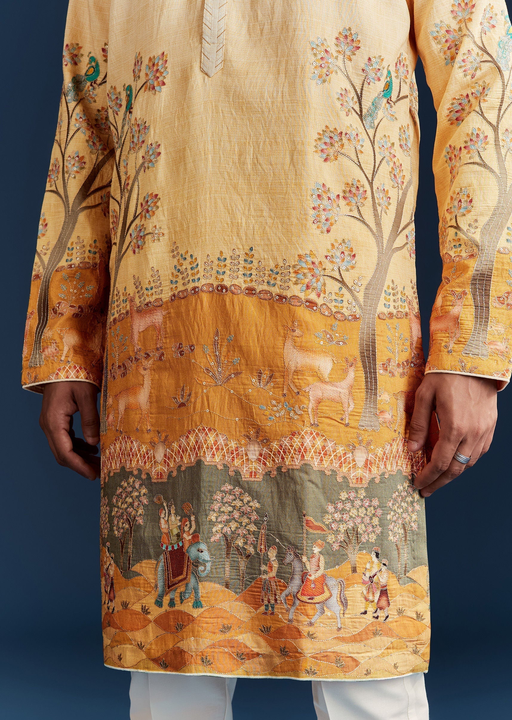 Yellow Ombre Silk Kurta Set With Floral And Animal Print Motifs - Image 4