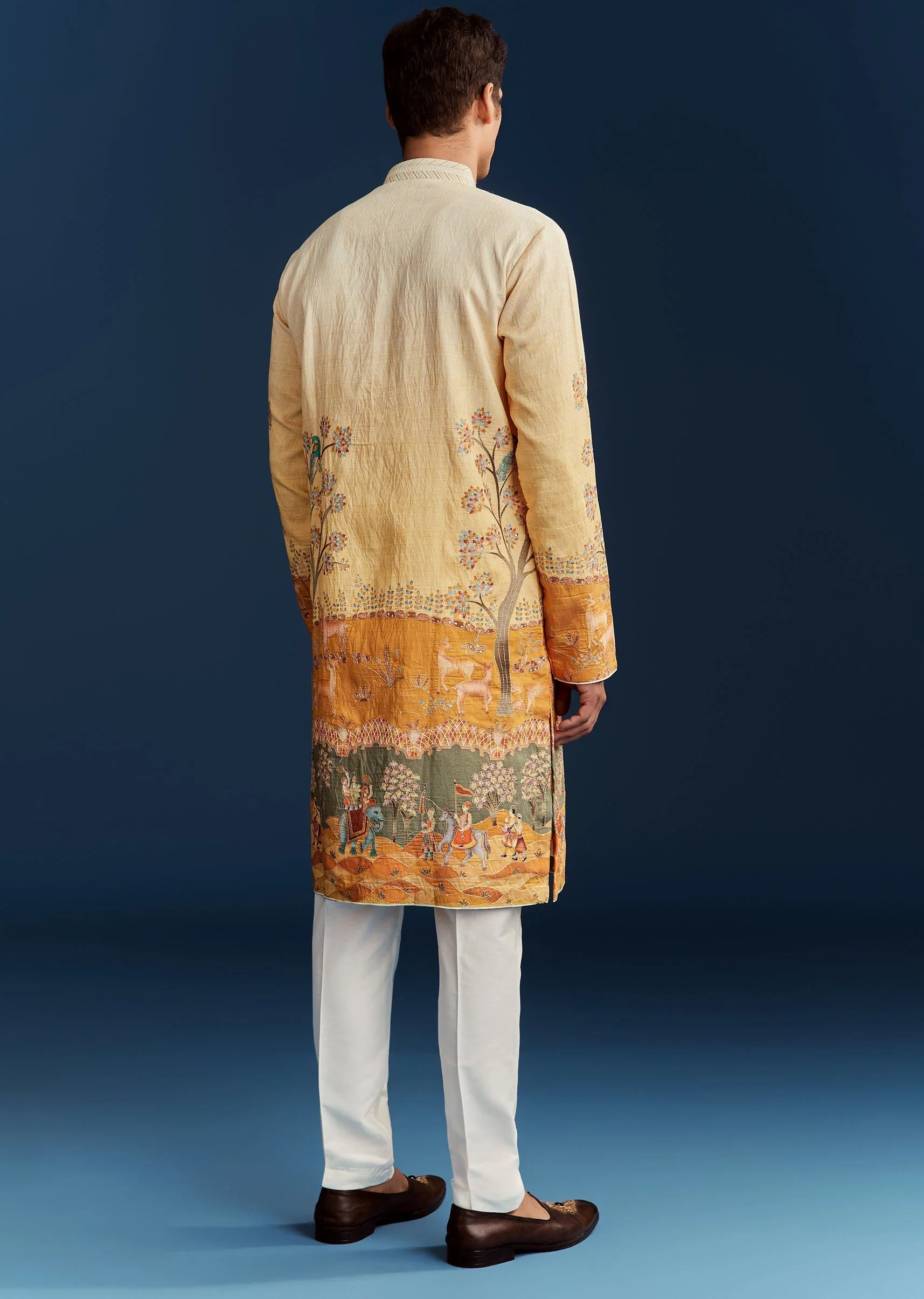 Yellow Ombre Silk Kurta Set With Floral And Animal Print Motifs - Image 5