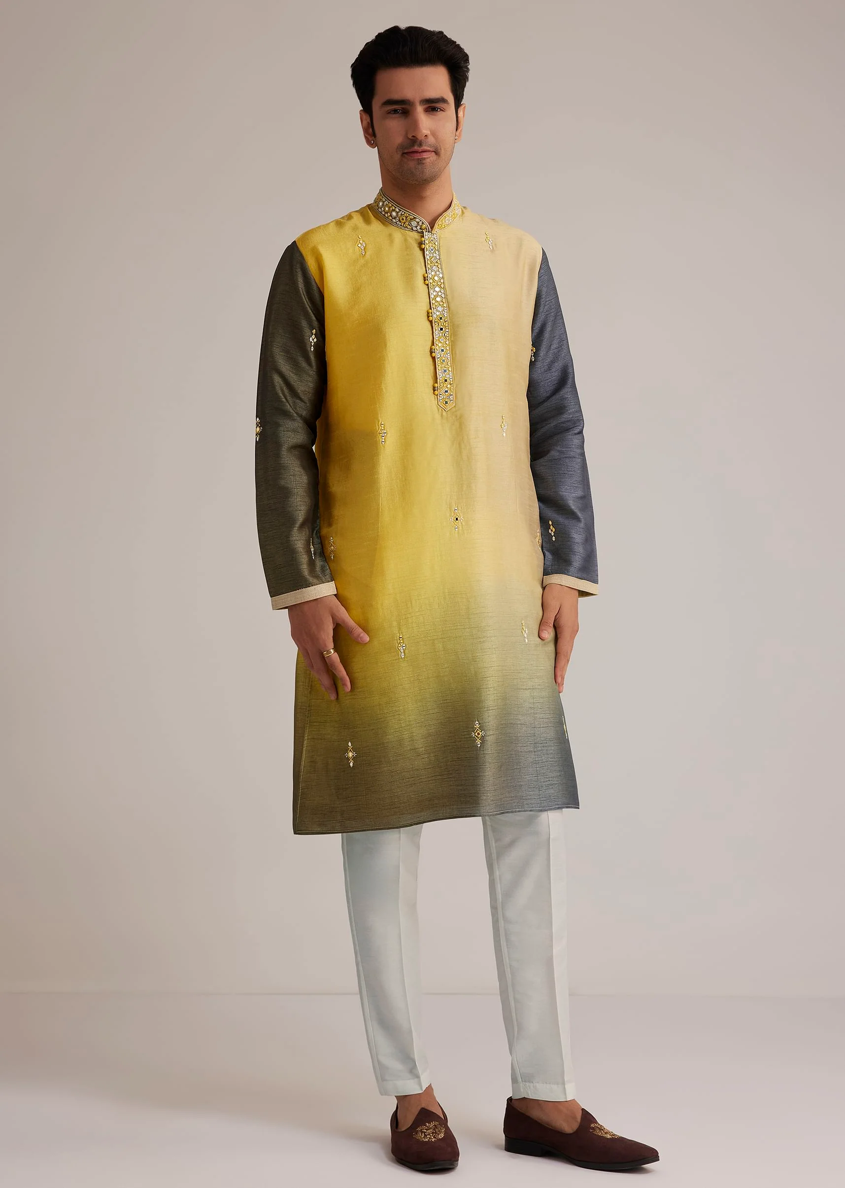 Yellow Ombre Silk Kurta Set With Mirror Work - Image 2