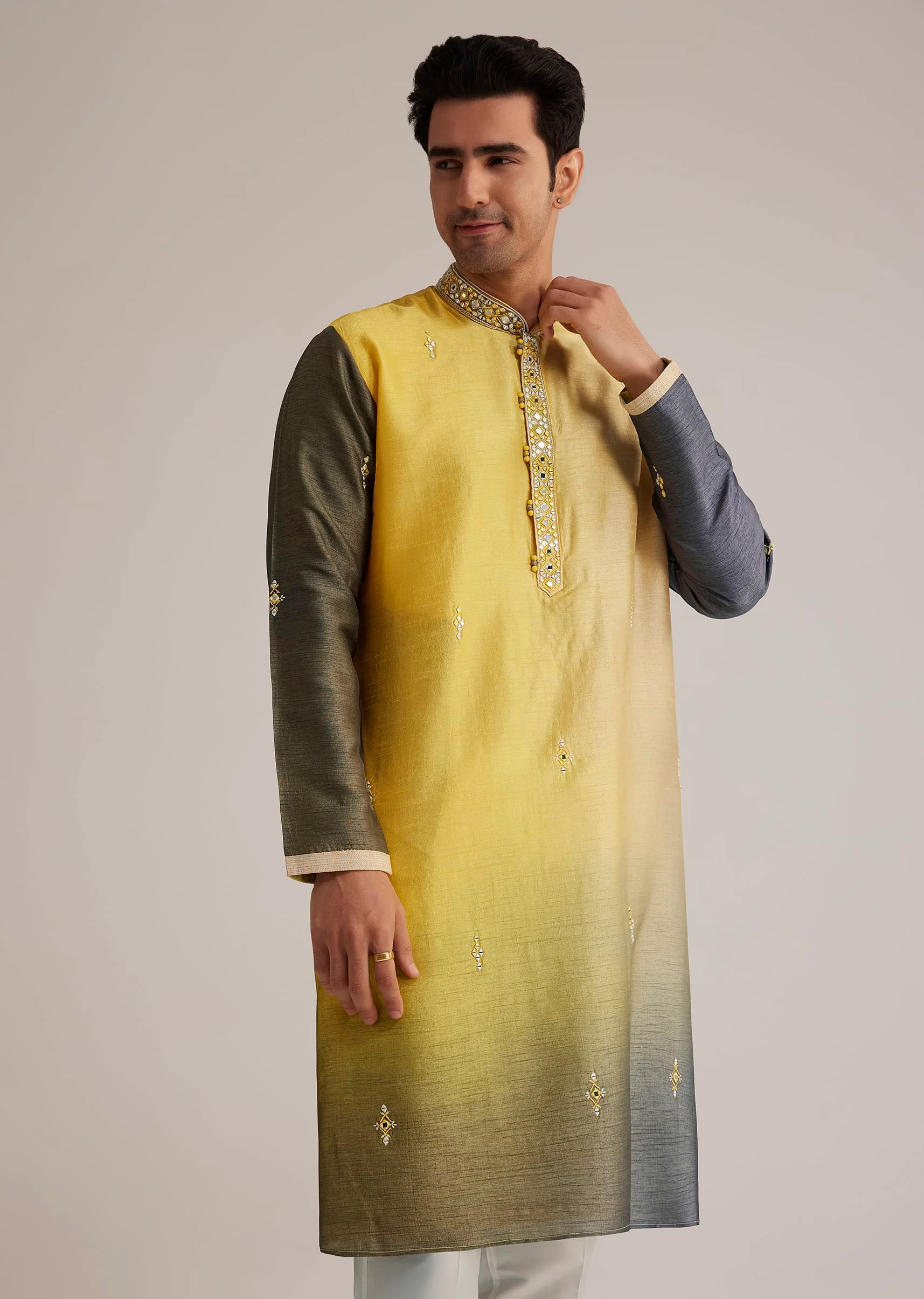 Yellow Ombre Silk Kurta Set With Mirror Work - Image 3