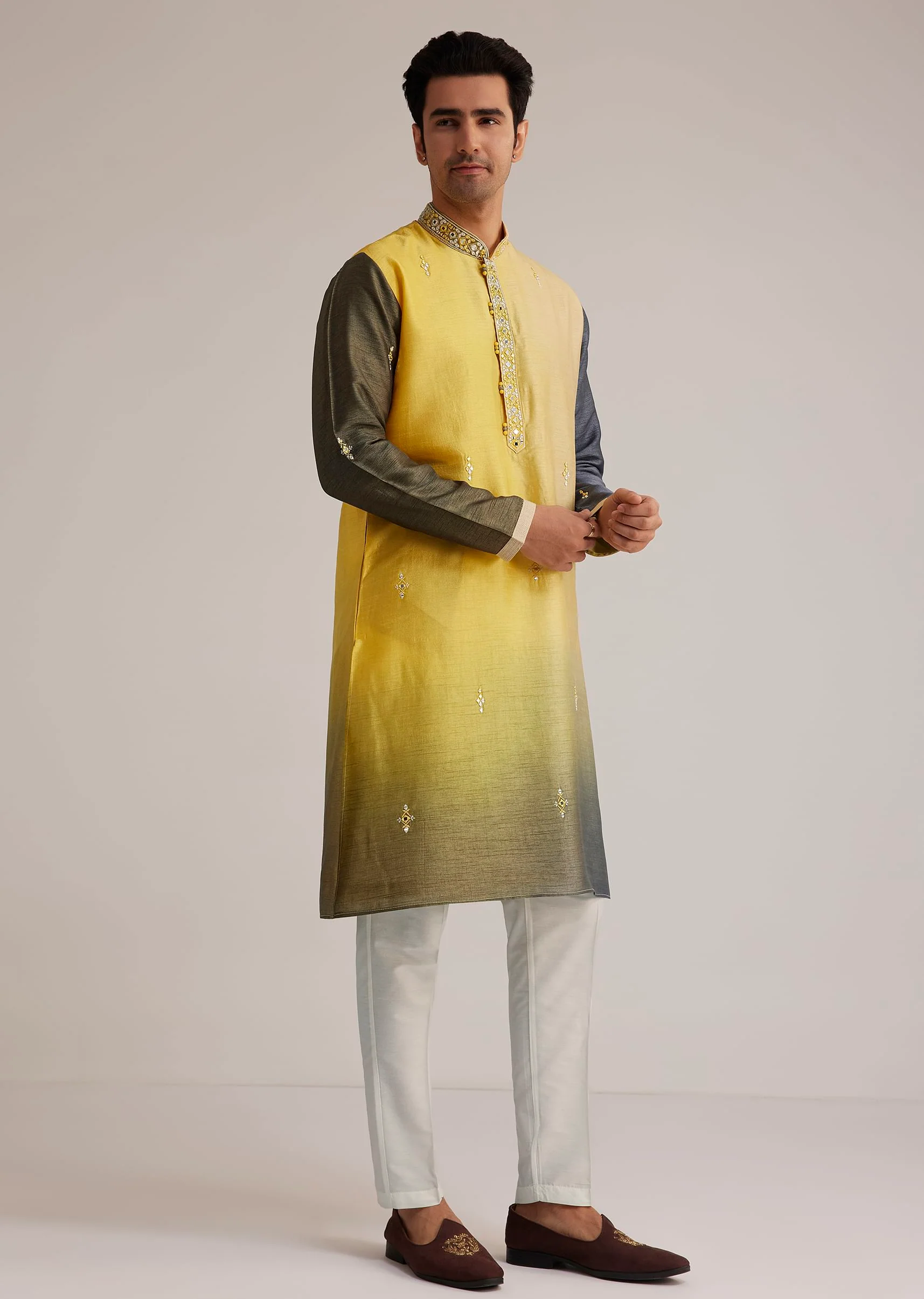 Yellow Ombre Silk Kurta Set With Mirror Work - Image 4