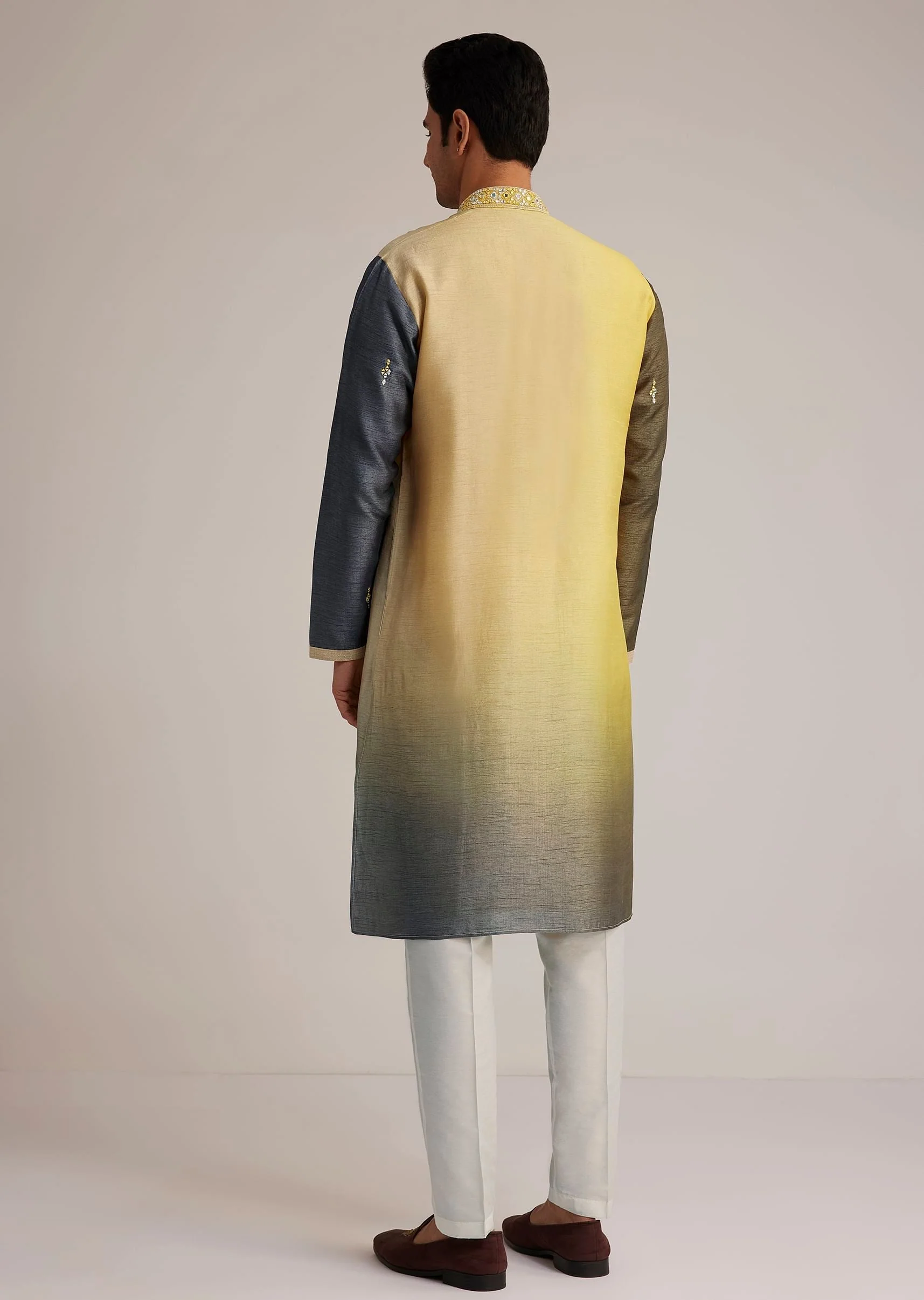 Yellow Ombre Silk Kurta Set With Mirror Work - Image 5