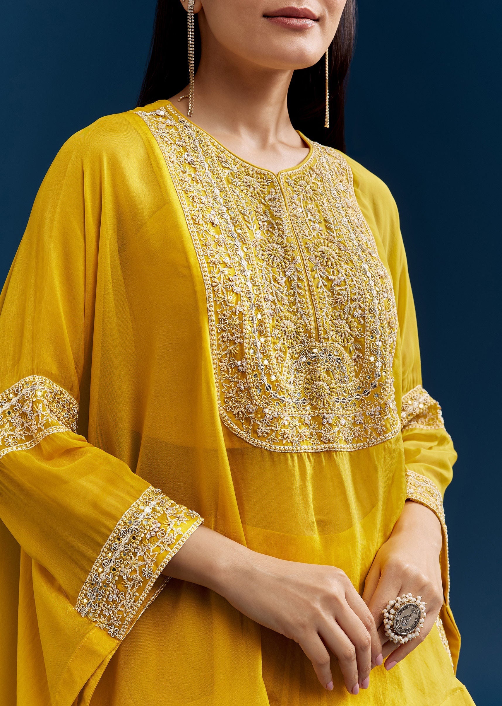 Yellow Organza Crop Top With Asymmetric Design - Image 2