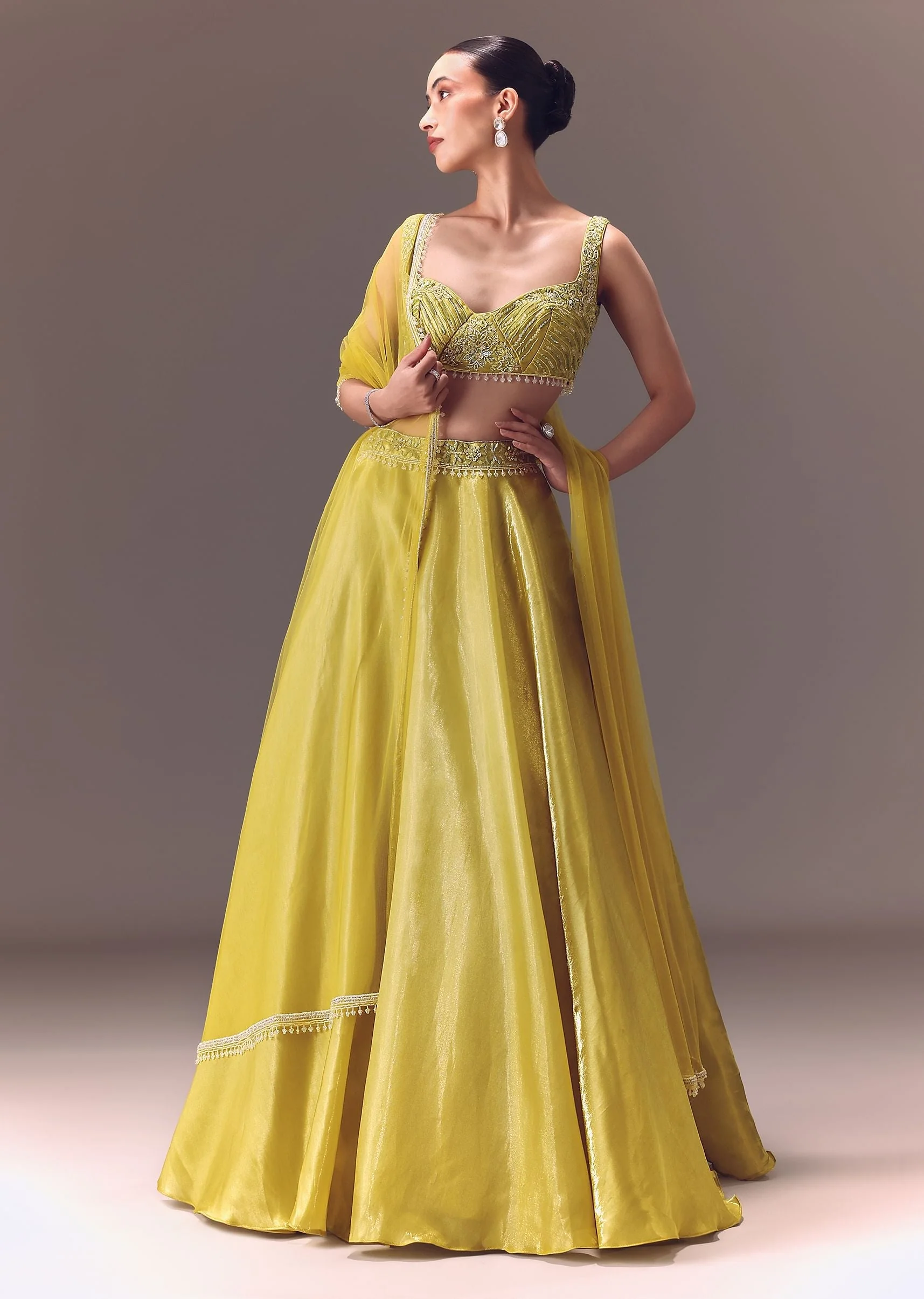 Yellow Organza Double Circular Lehenga Set With Hand Work - Image 3