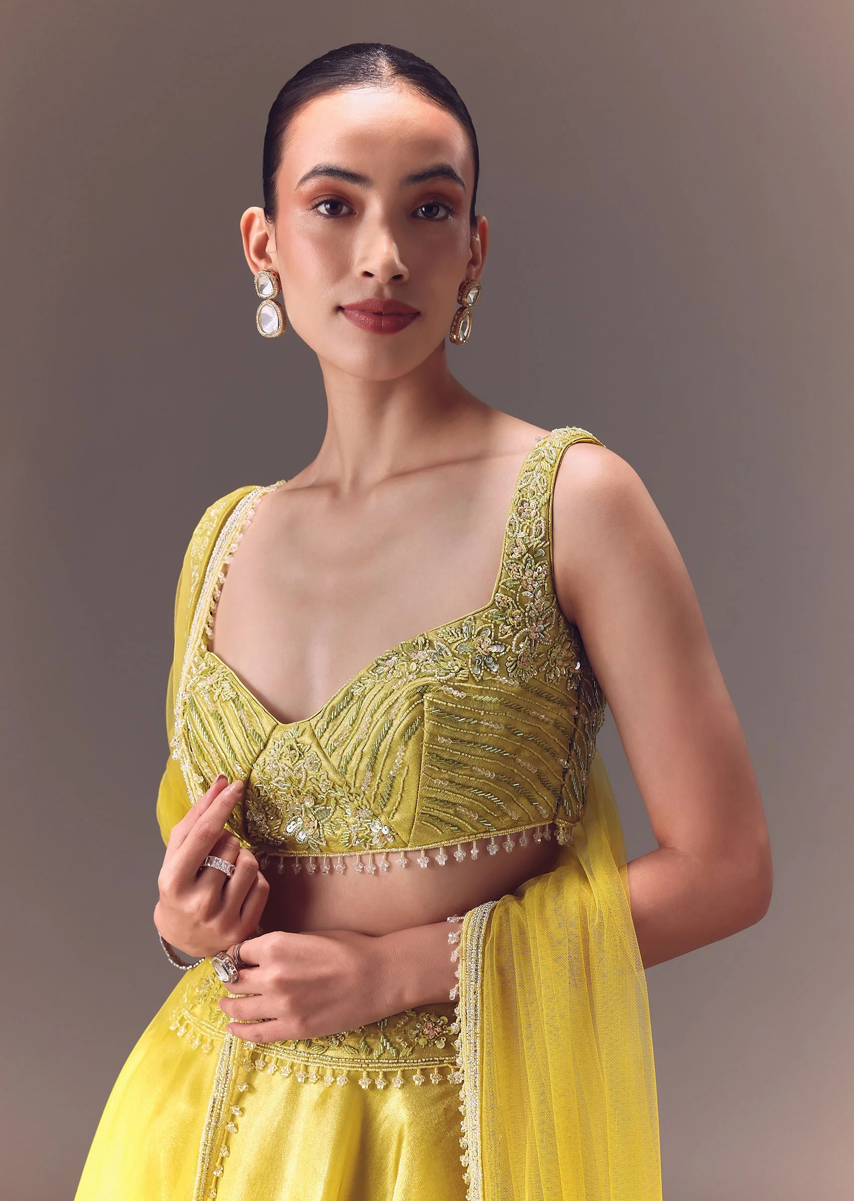 Yellow Organza Double Circular Lehenga Set With Hand Work - Image 4