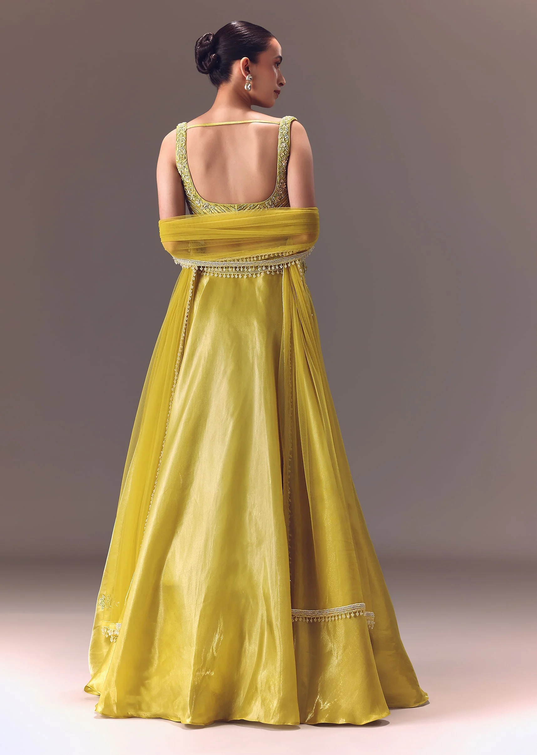 Yellow Organza Double Circular Lehenga Set With Hand Work - Image 5