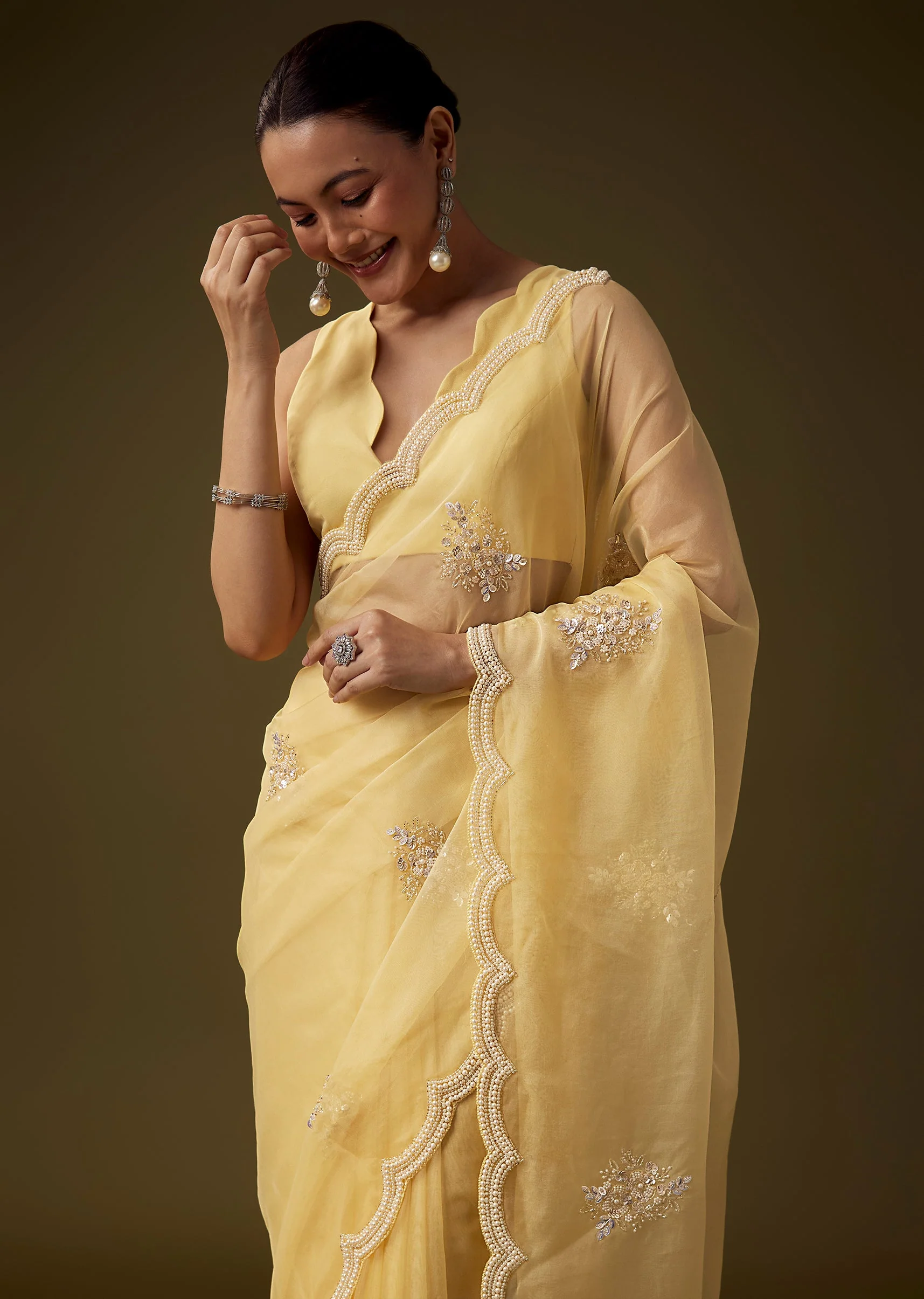 Yellow Organza Embroidered Saree with Unstitched Blouse - Image 5