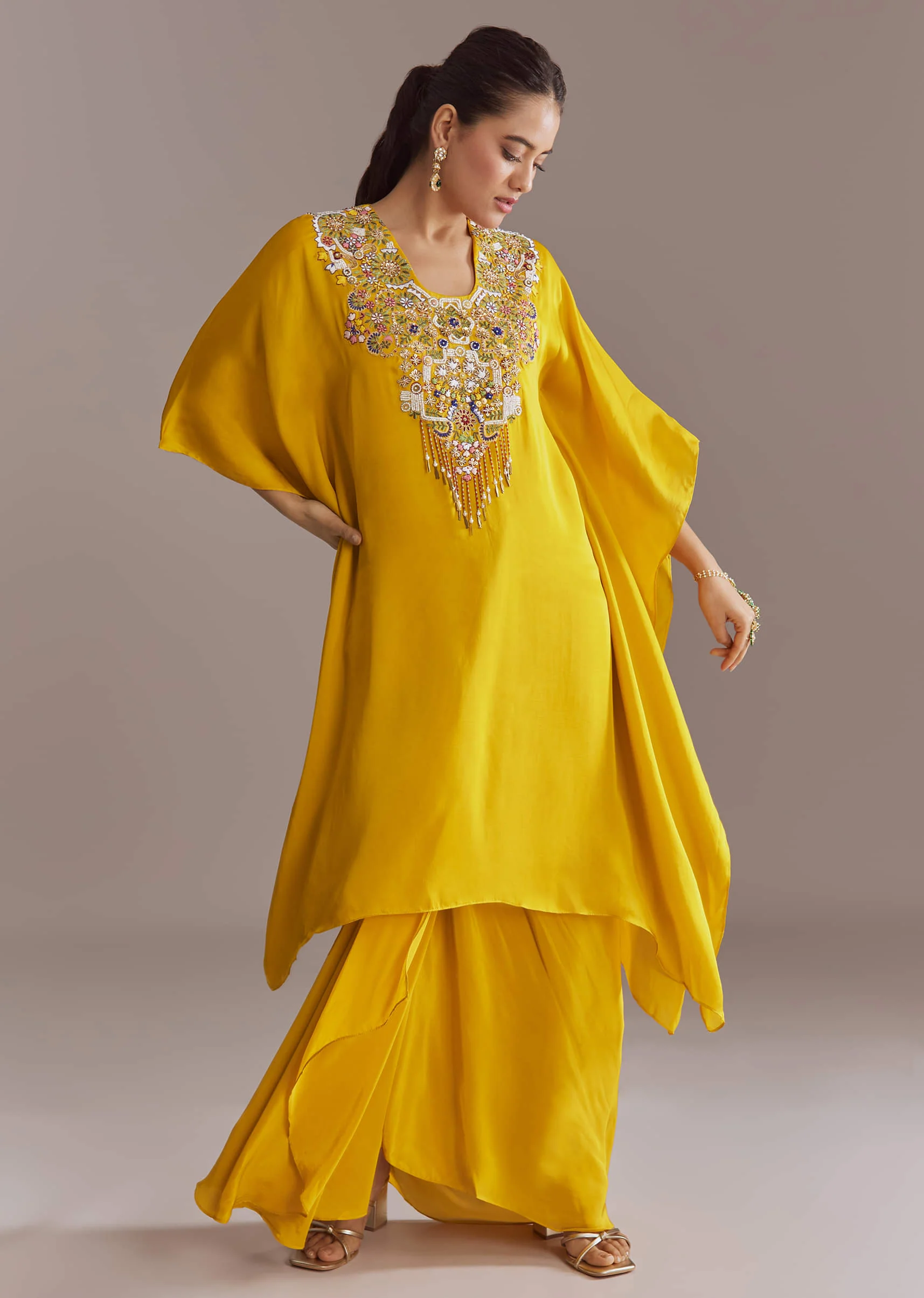 Yellow Organza Kaftan Top And Drape Skirt Set With Resham Work