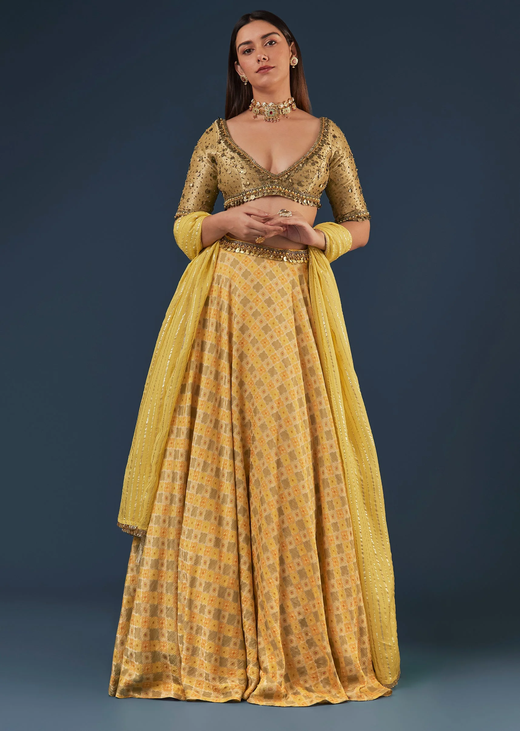 Yellow Organza Lehenga Set With V Neck Half Sleeve Blouse And Back Dori