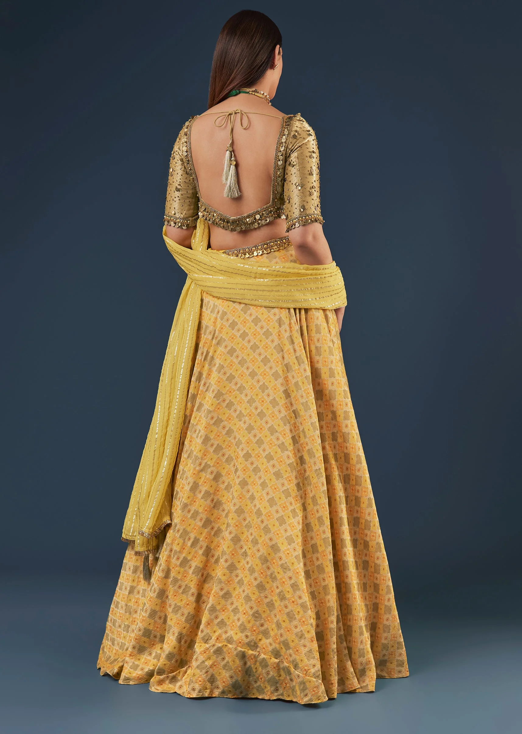 Yellow Organza Lehenga Set With V Neck Half Sleeve Blouse And Back Dori - Image 2