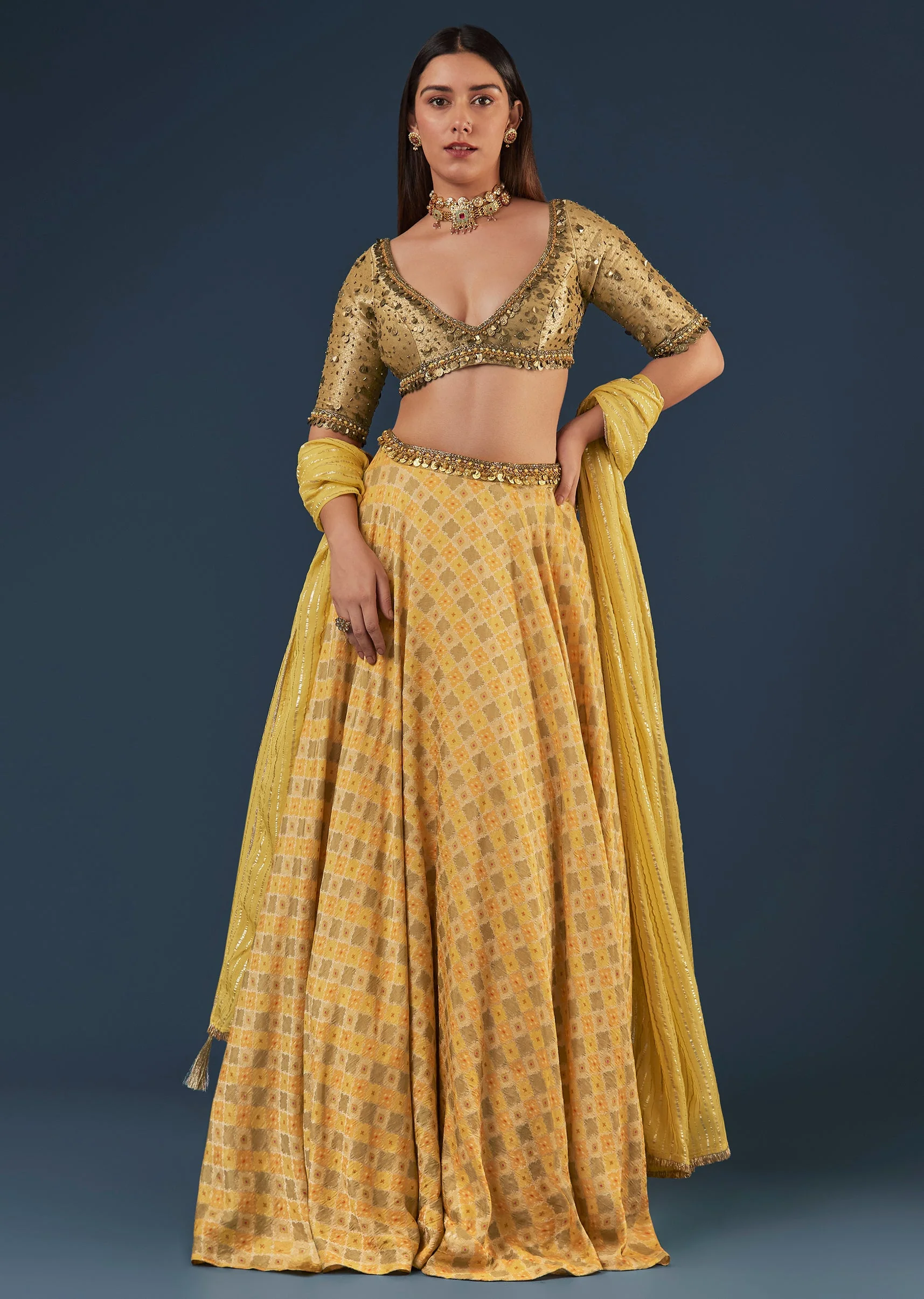 Yellow Organza Lehenga Set With V Neck Half Sleeve Blouse And Back Dori - Image 4