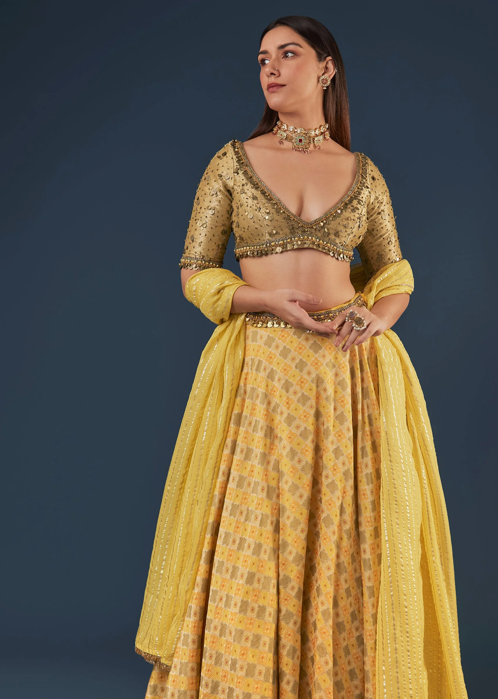 Yellow Organza Lehenga Set With V Neck Half Sleeve Blouse And Back Dori - Image 5