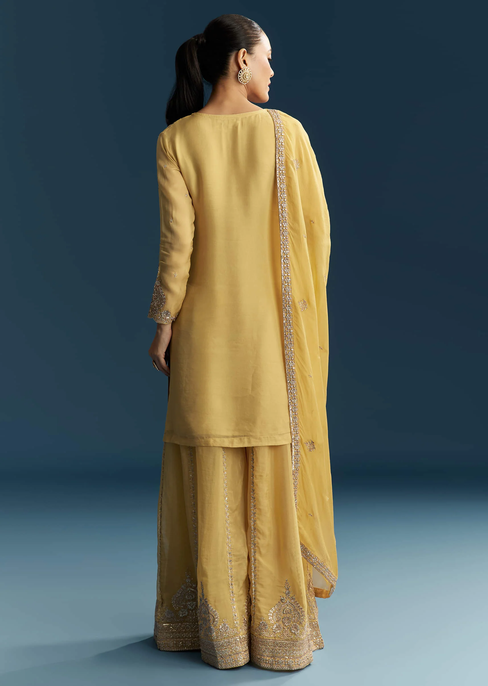 Yellow Organza Palazzo Suit With Zari And Mirror Embroidery - Image 5