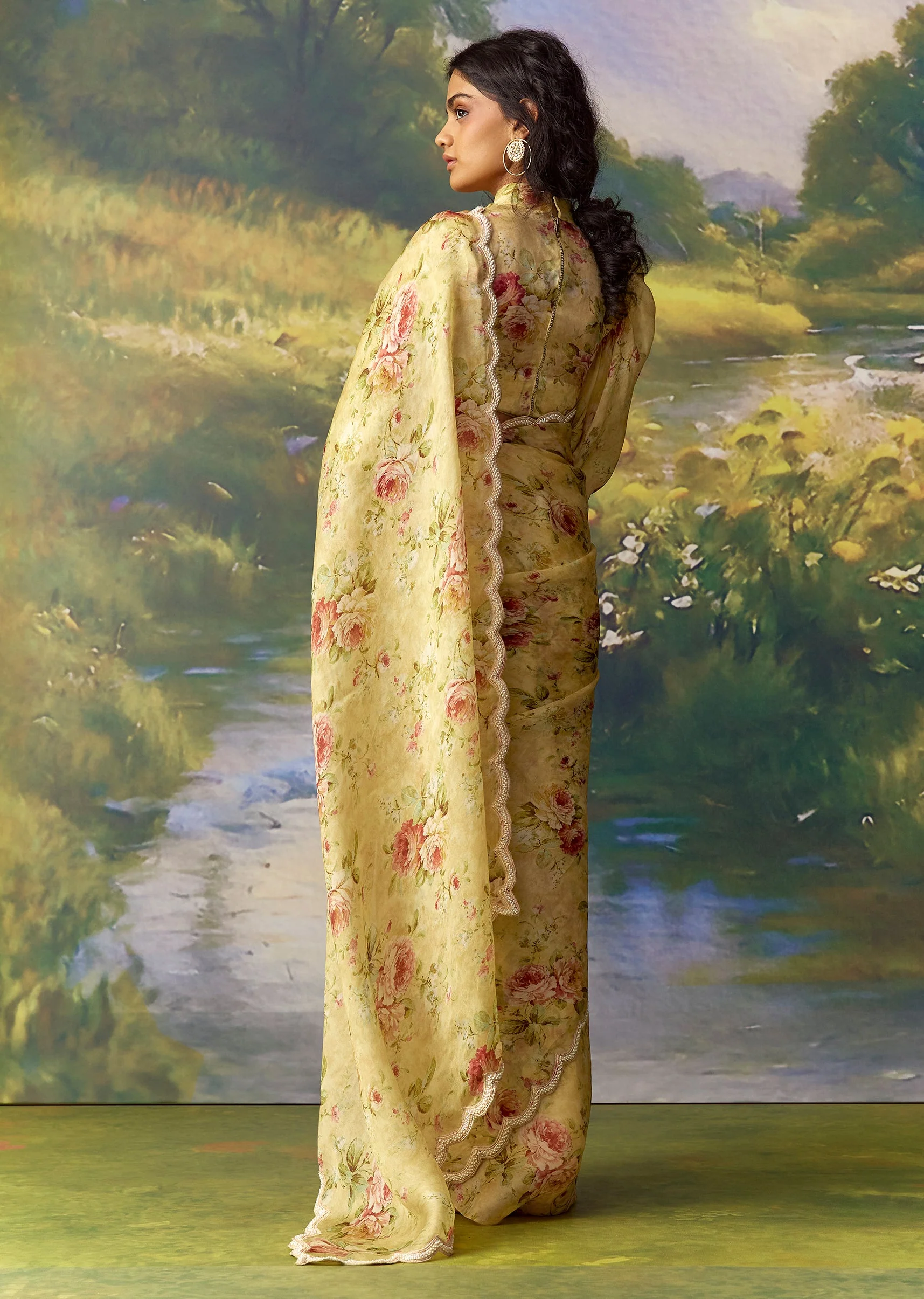 Yellow Organza Ready Pleated Saree Set with Cutdana Work - Image 2