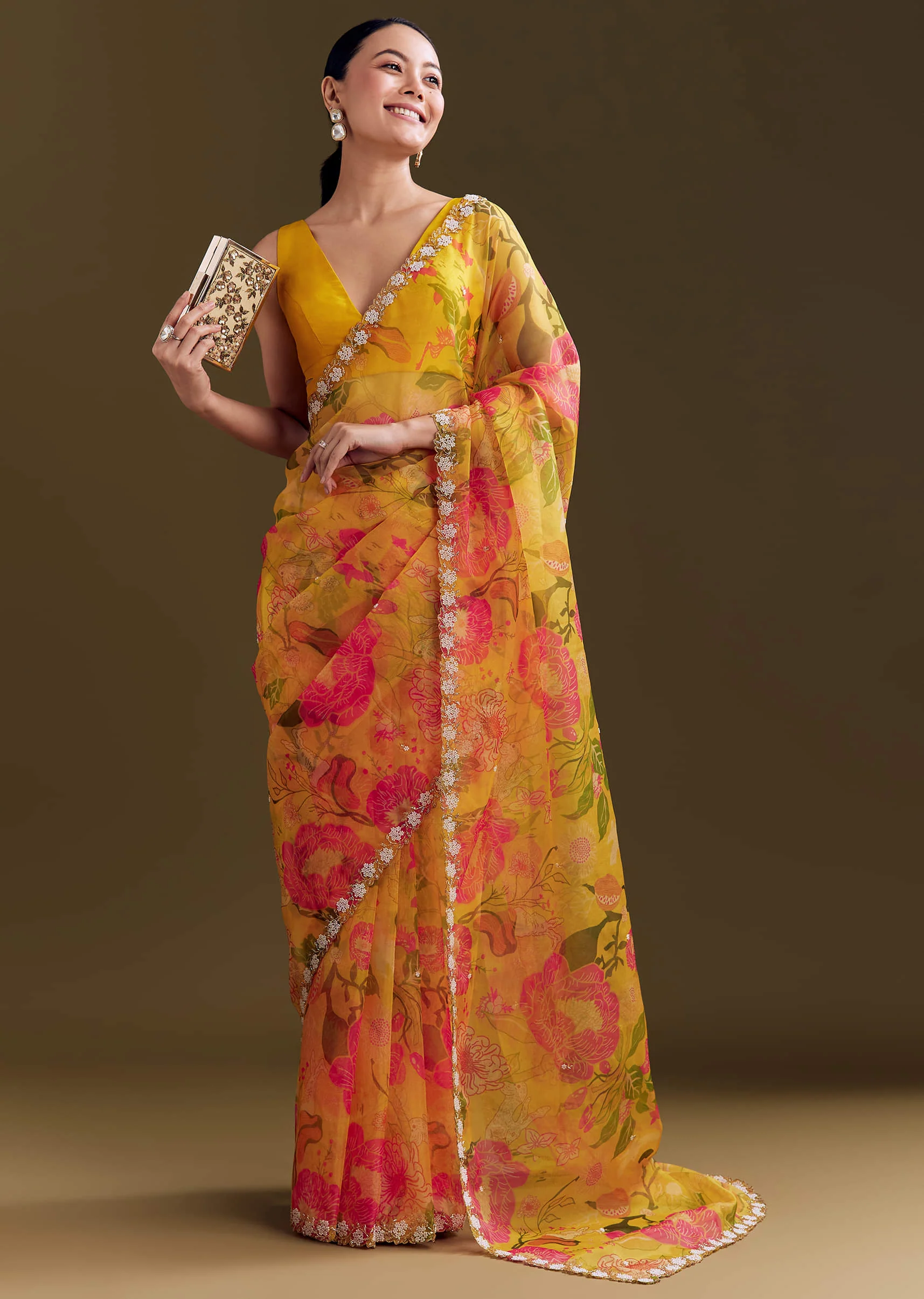 Yellow Organza Saree With Floral Print And Beaded Border - Image 2