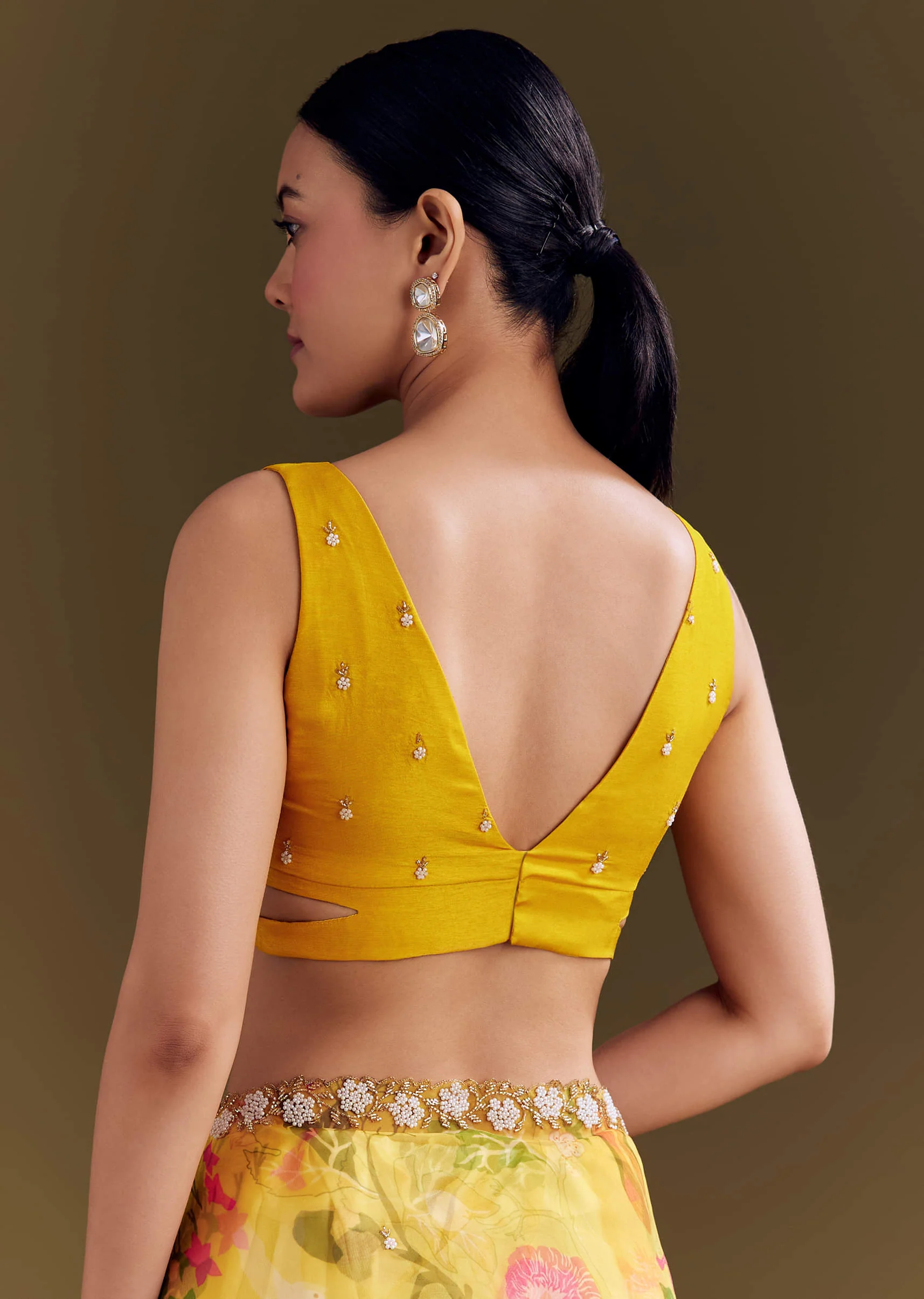 Yellow Organza Saree With Floral Print And Beaded Border - Image 8