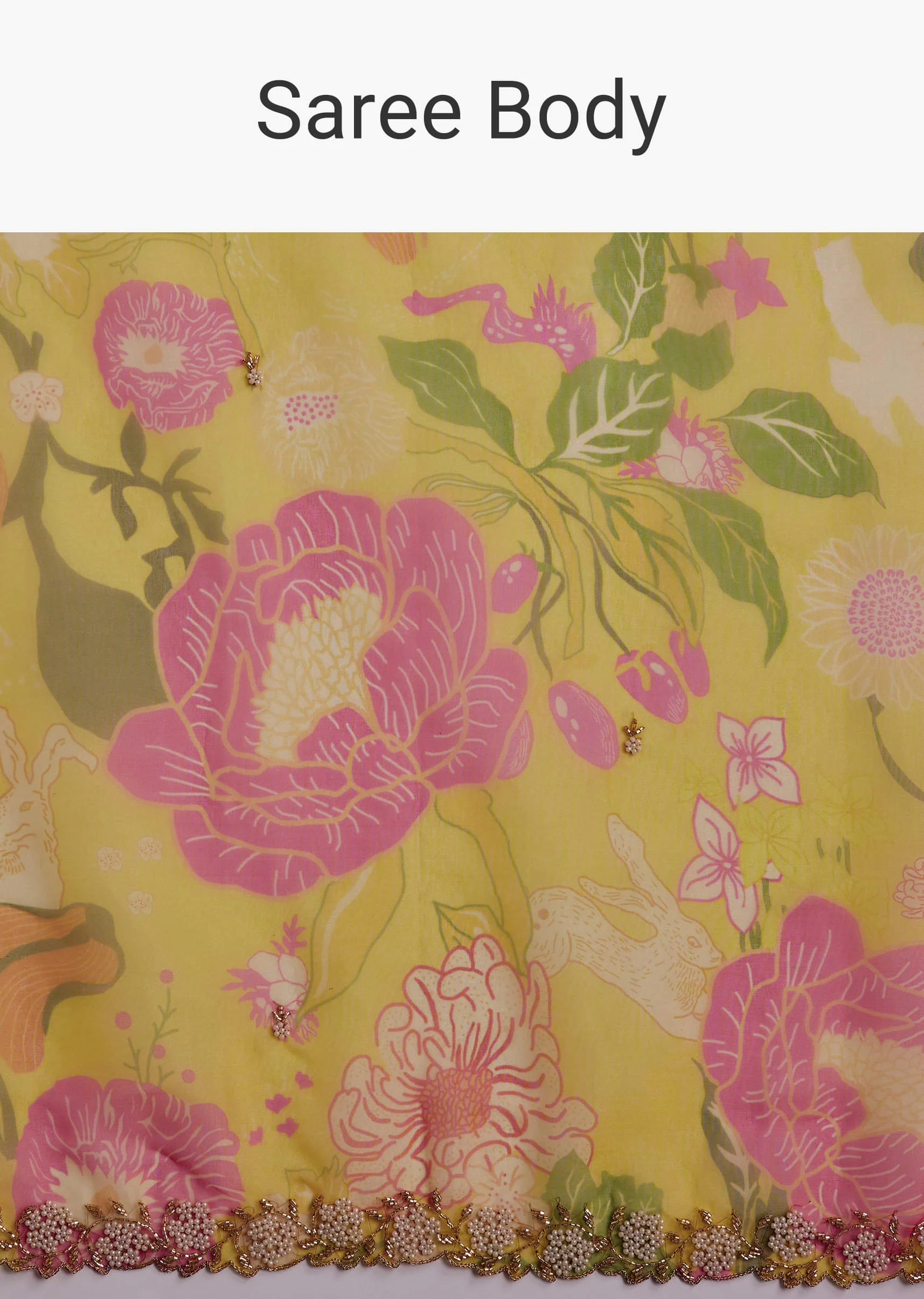 Yellow Organza Saree With Floral Print And Beaded Border - Image 9
