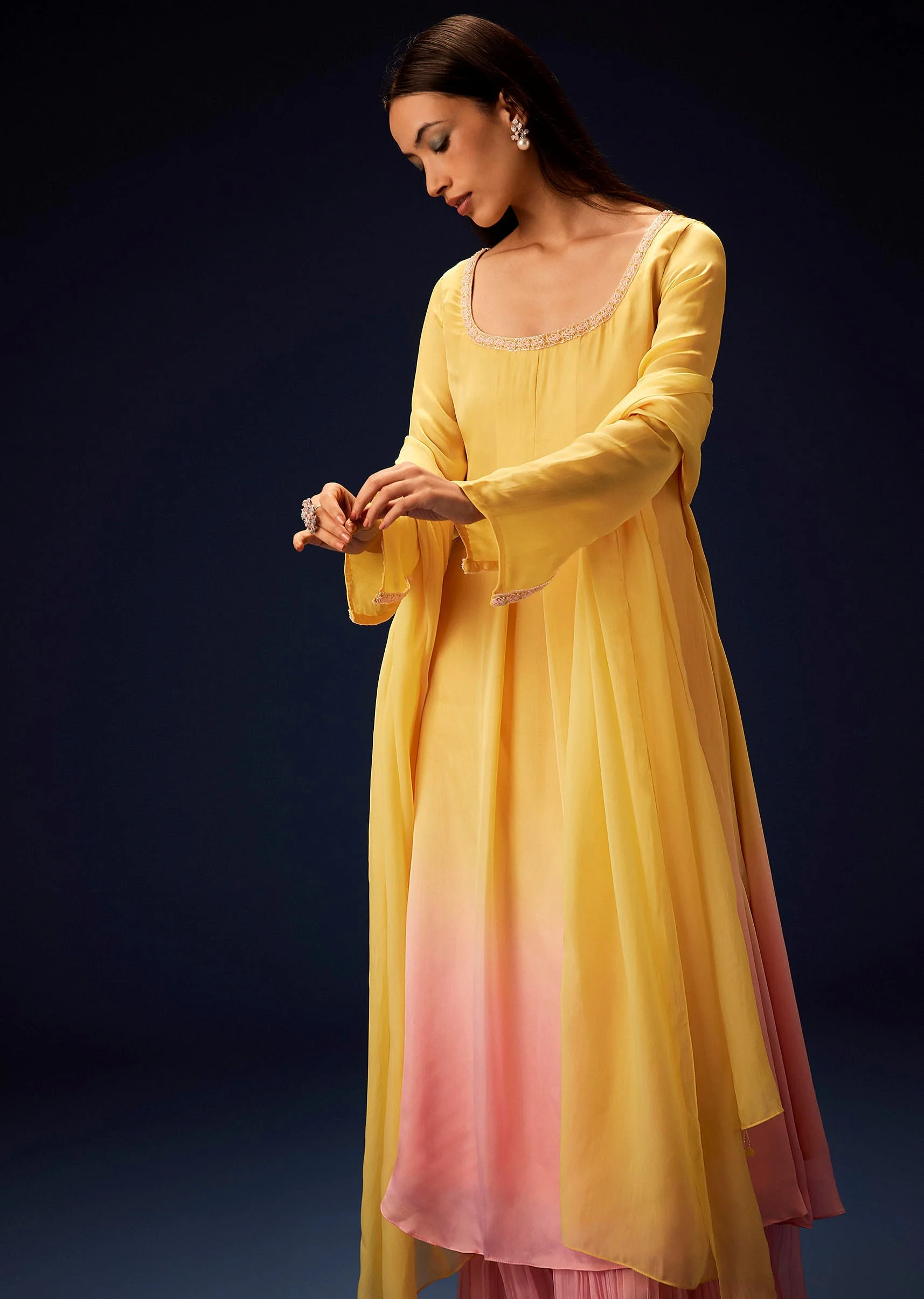 Yellow Orgnaza Kurta Palazzo Suit With Ruched Palazzo - Image 4