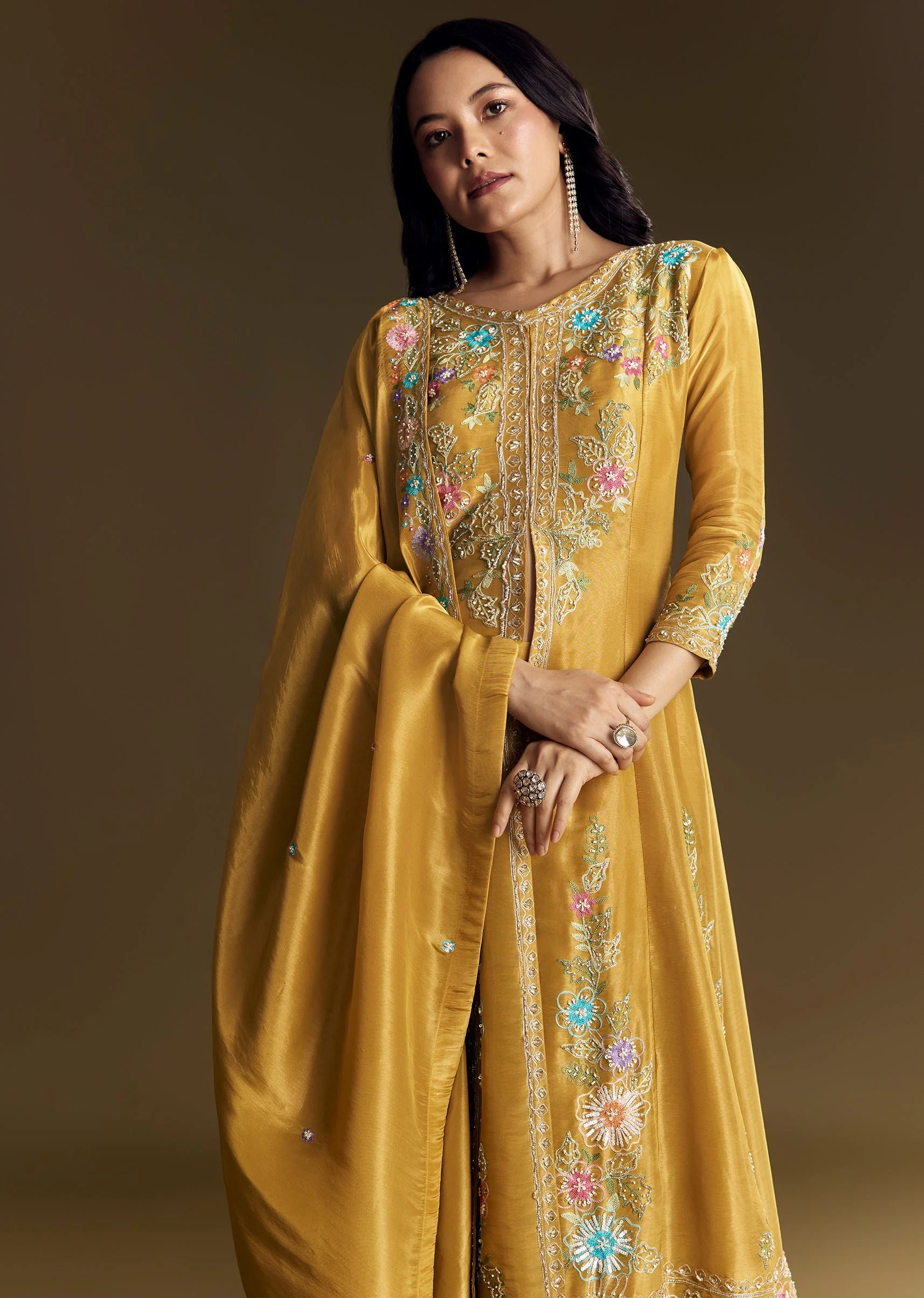 Yellow Palazzo Suit With Resham Kurta Dupatta - Image 4