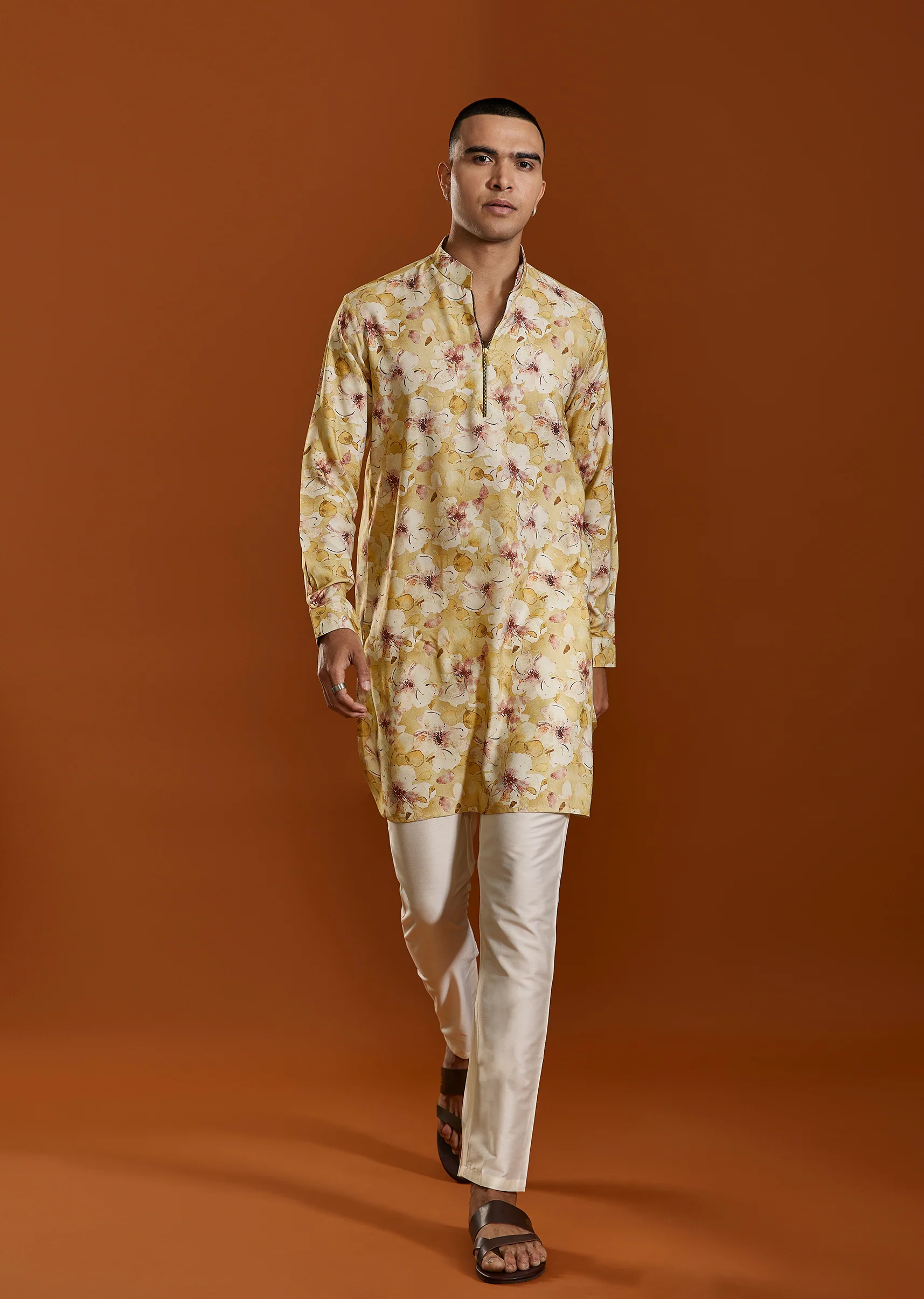 Yellow Pashmina Floral Printed Kurta Set With Zipper