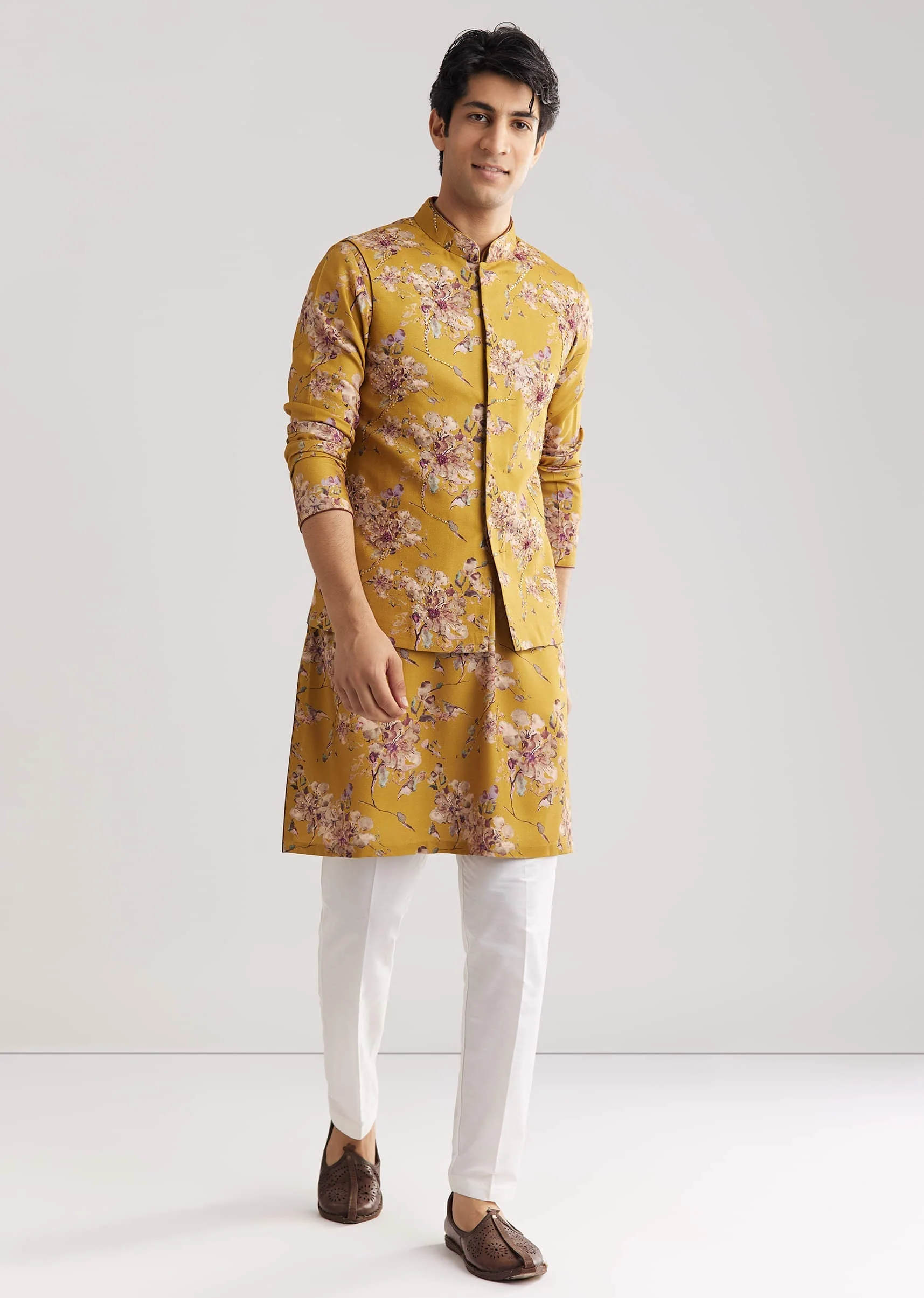 Yellow Pashmina Jacket Kurta Set With Stone Work - Image 2