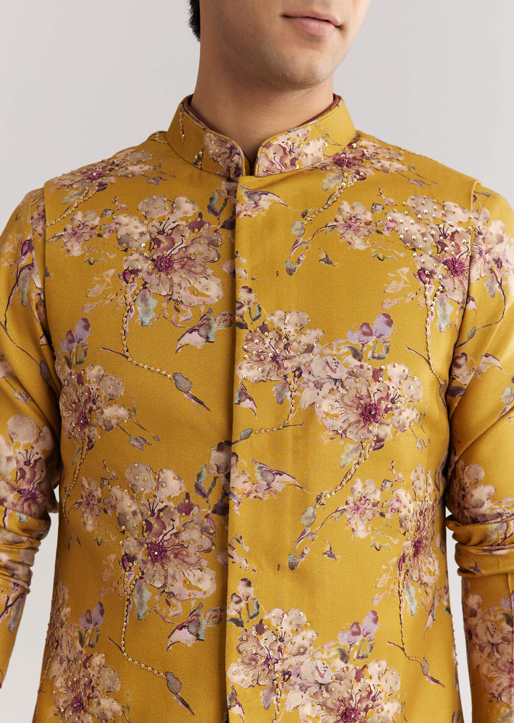 Yellow Pashmina Jacket Kurta Set With Stone Work - Image 3