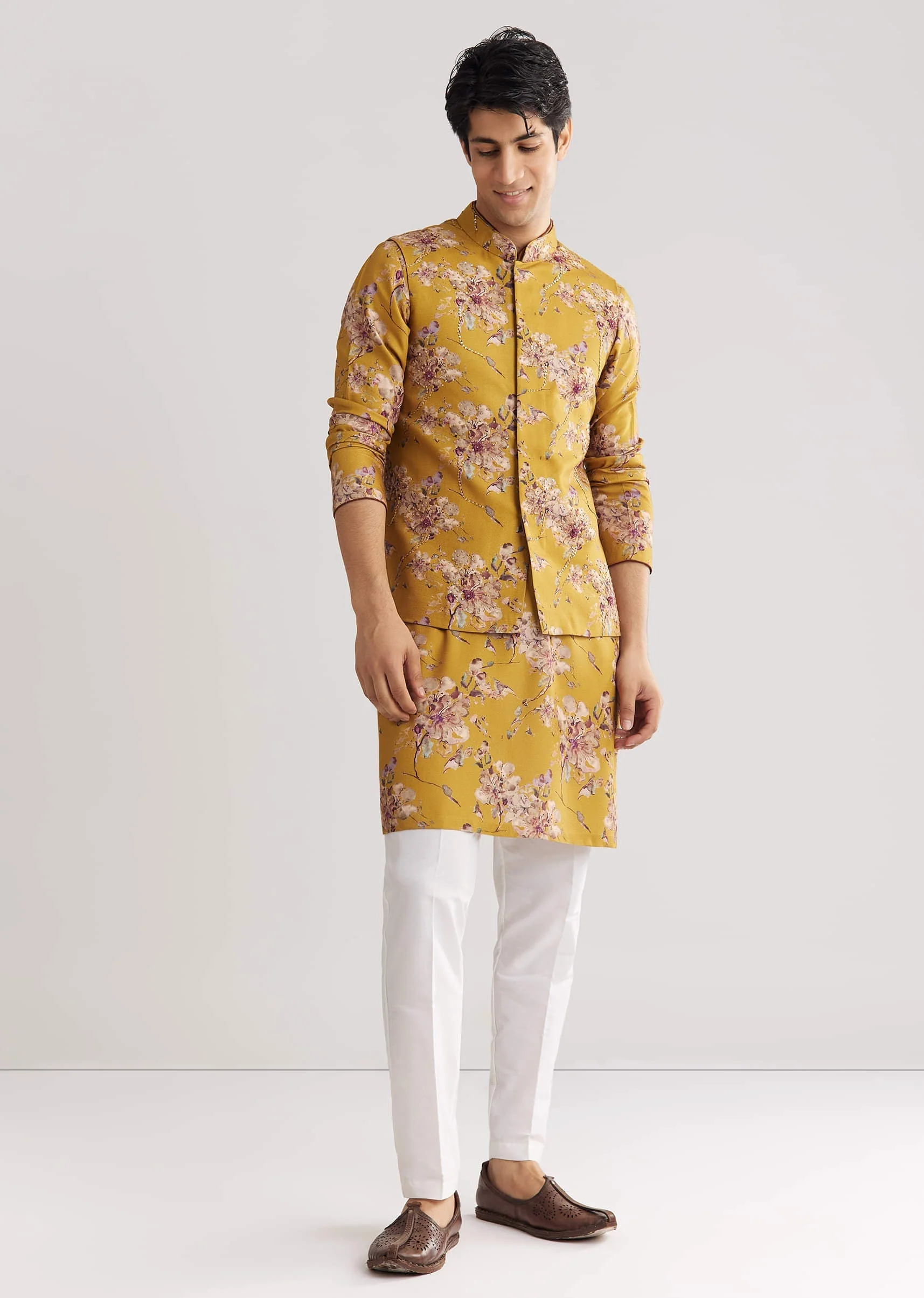 Yellow Pashmina Jacket Kurta Set With Stone Work - Image 4