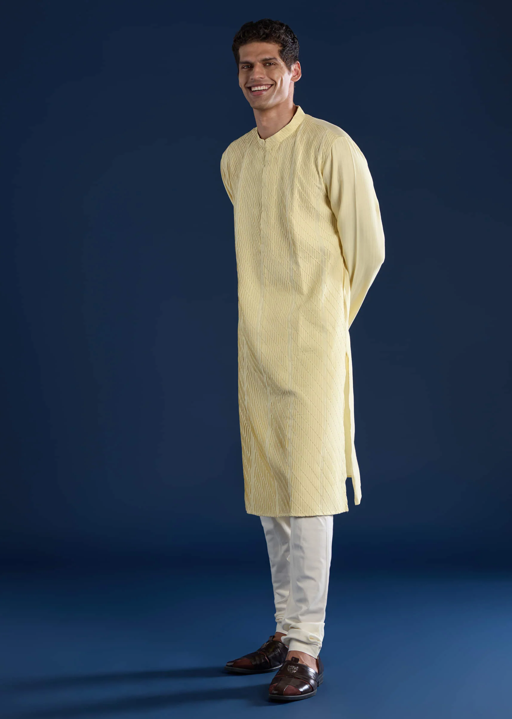 Yellow Pintuck Mens Kurta and Pant Set - Image 2