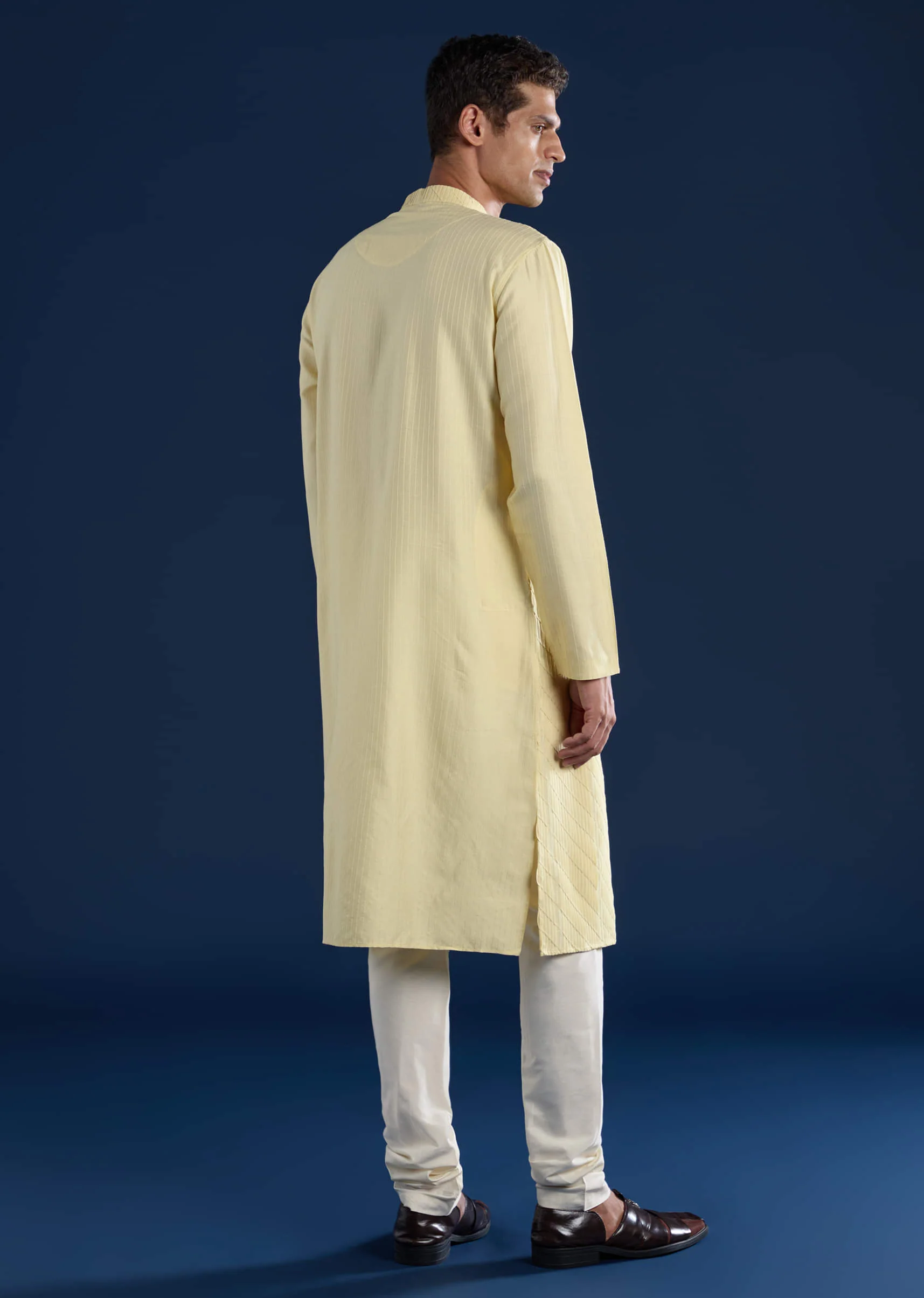 Yellow Pintuck Mens Kurta and Pant Set - Image 5