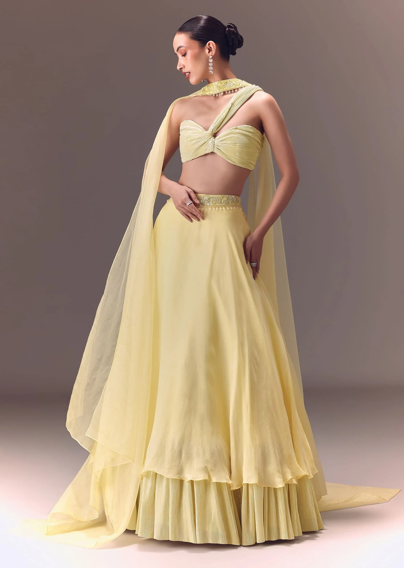 Yellow Pre-Pleated One Shoulder Blouse With Frill Lehenga And Choker Dupatta - Image 3