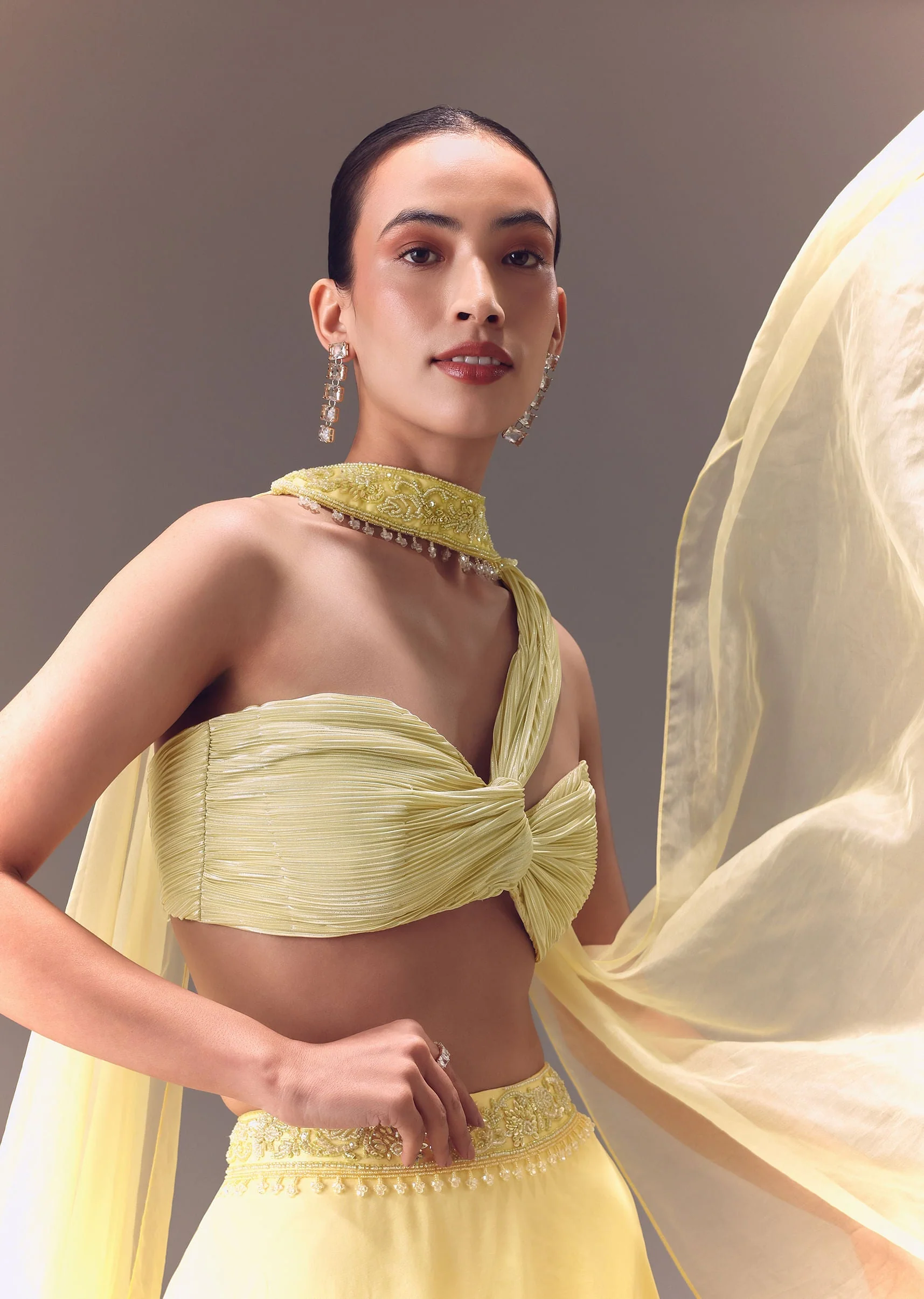 Yellow Pre-Pleated One Shoulder Blouse With Frill Lehenga And Choker Dupatta - Image 4