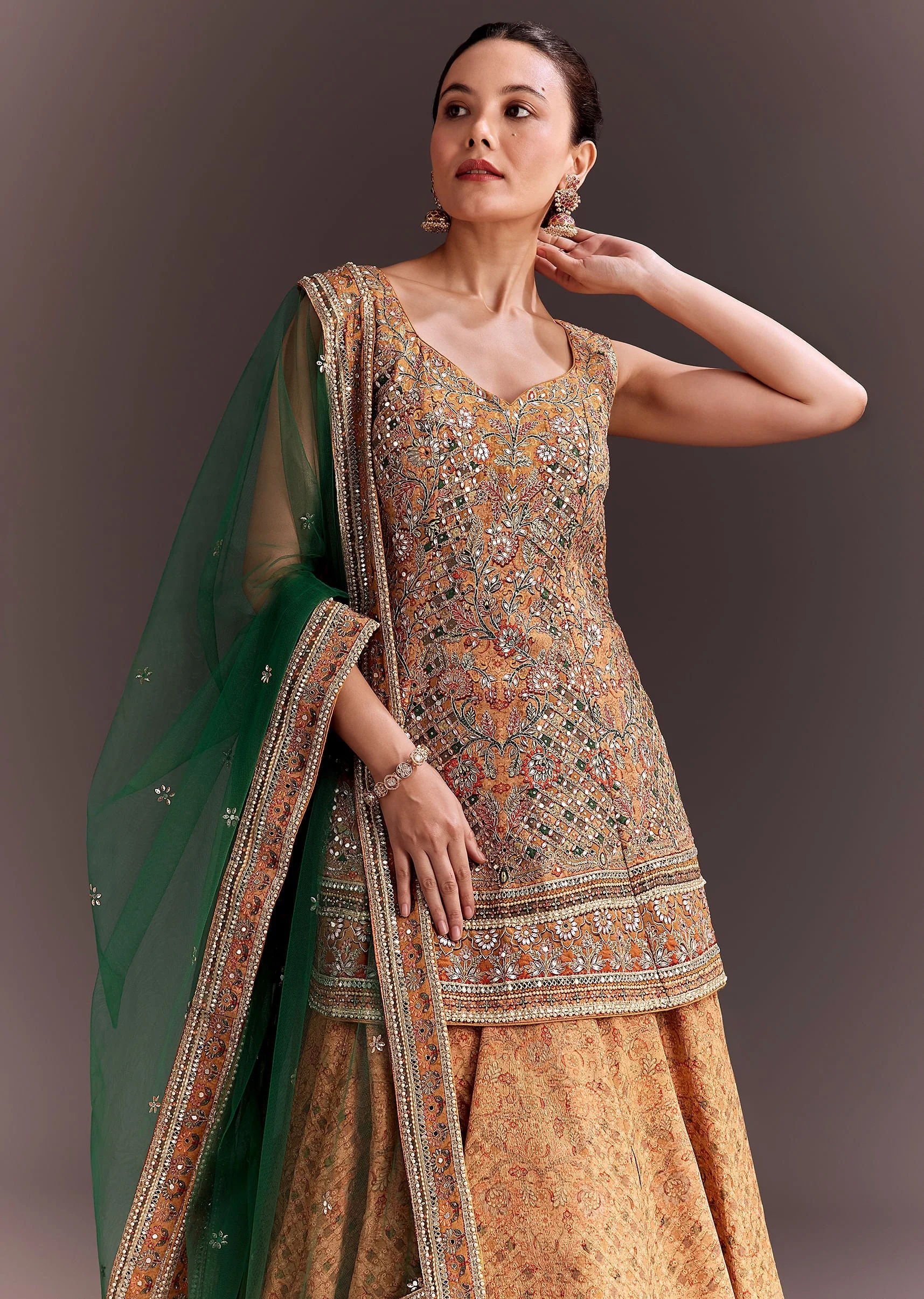 Yellow Printed and Mirror Embroidered Lehenga Set - Image 2