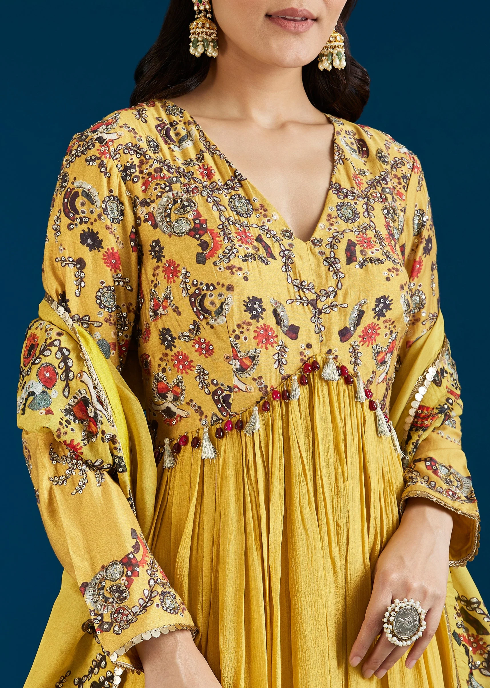 Yellow Printed Chinon Anarkali Suit With Dupatta - Image 2