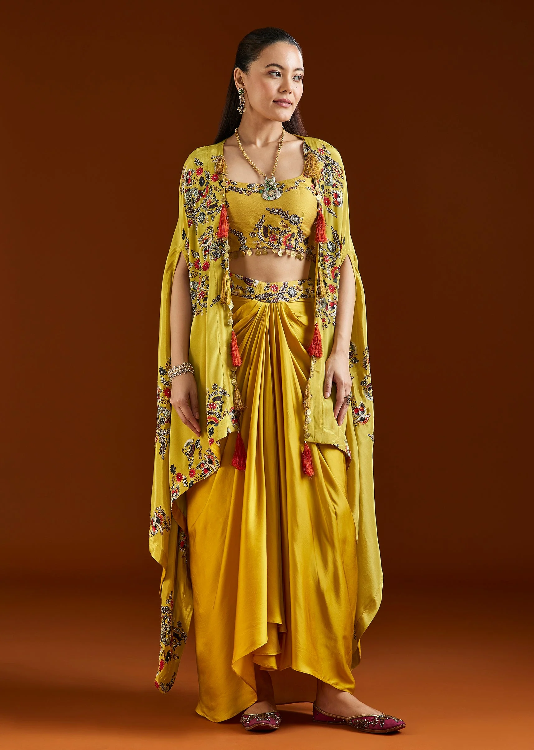 Yellow Printed Silk Blend Cape Drape Skirt Set