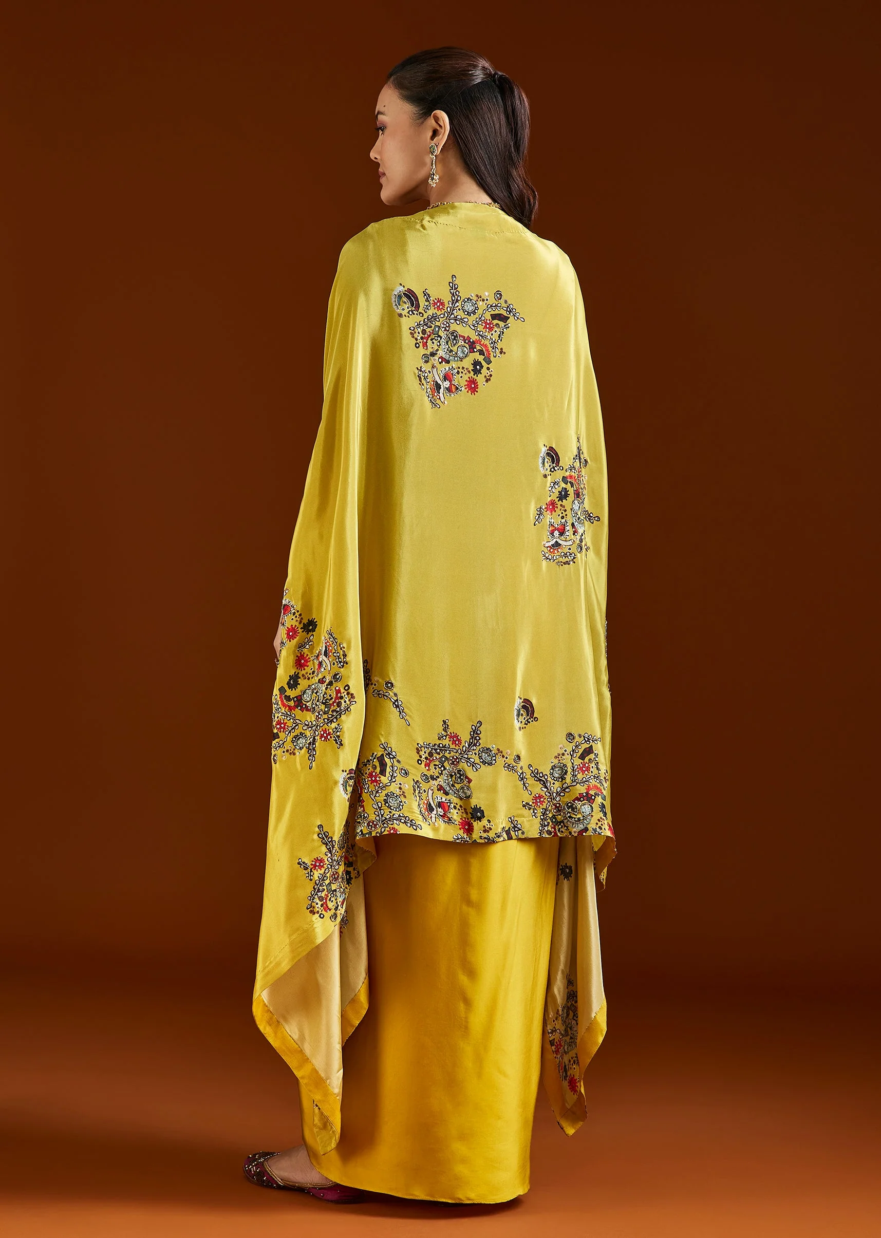 Yellow Printed Silk Blend Cape Drape Skirt Set - Image 5