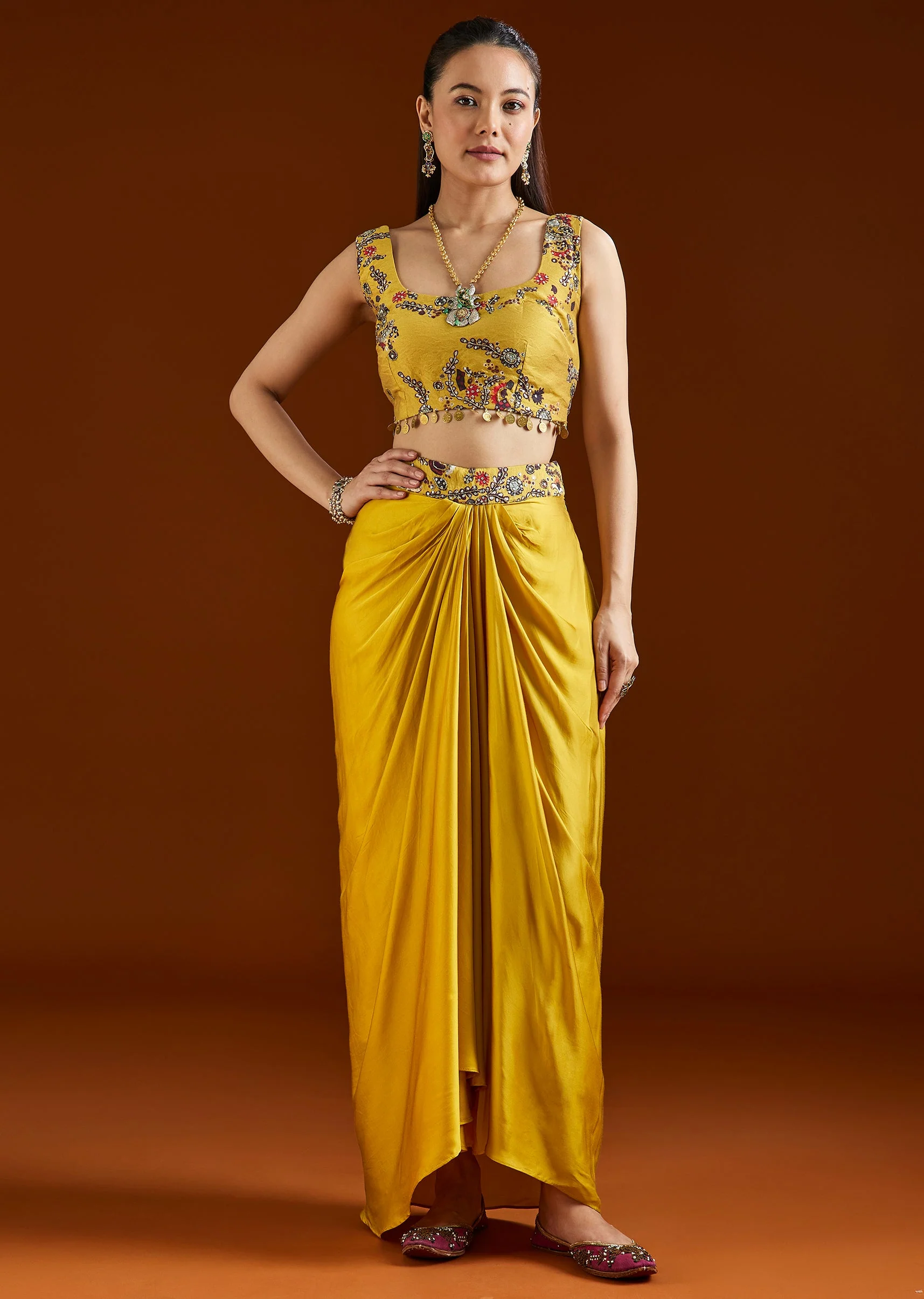 Yellow Printed Silk Blend Cape Drape Skirt Set - Image 6