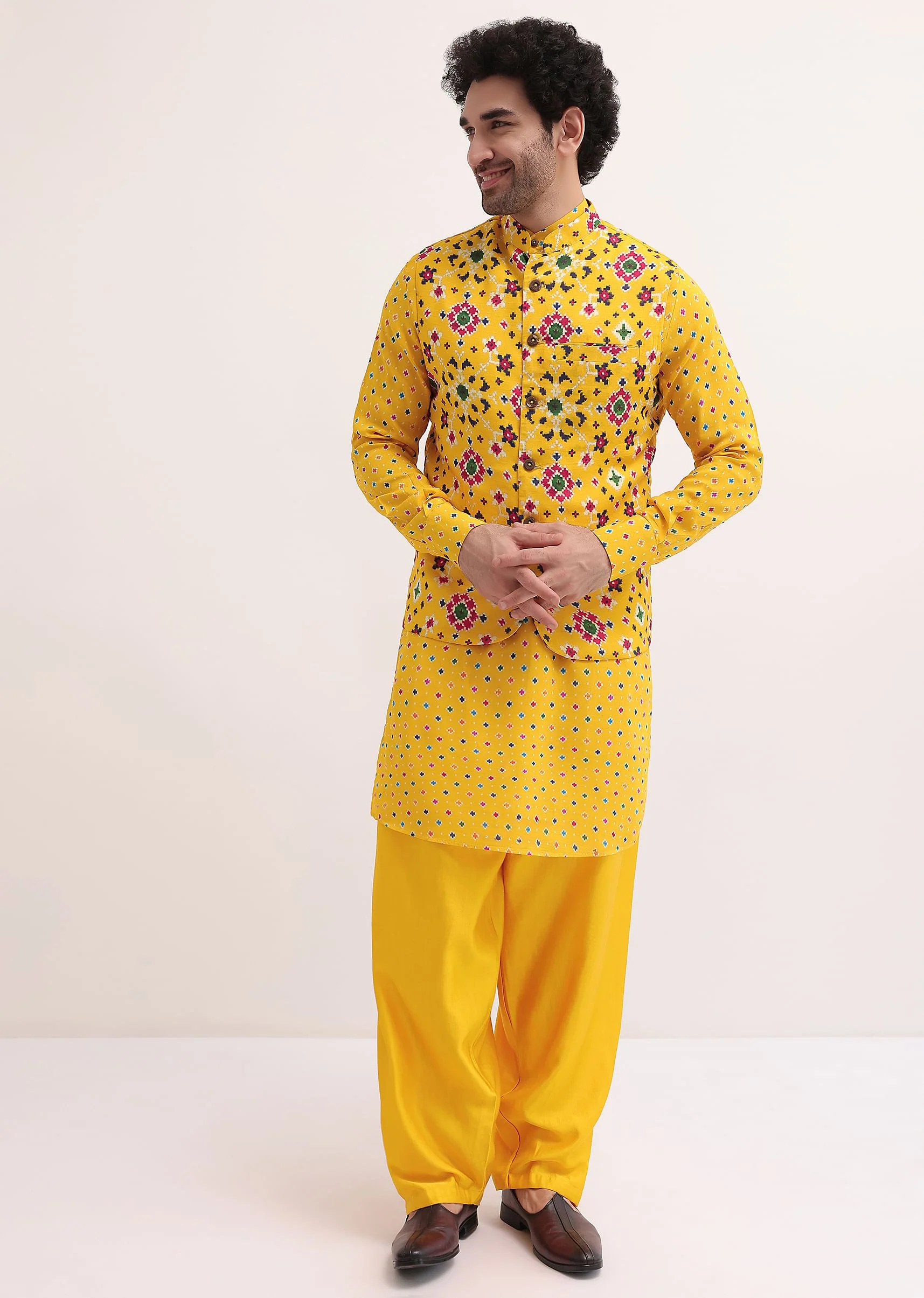Yellow Patola Printed Kurta Jacket Set For Men - Image 2