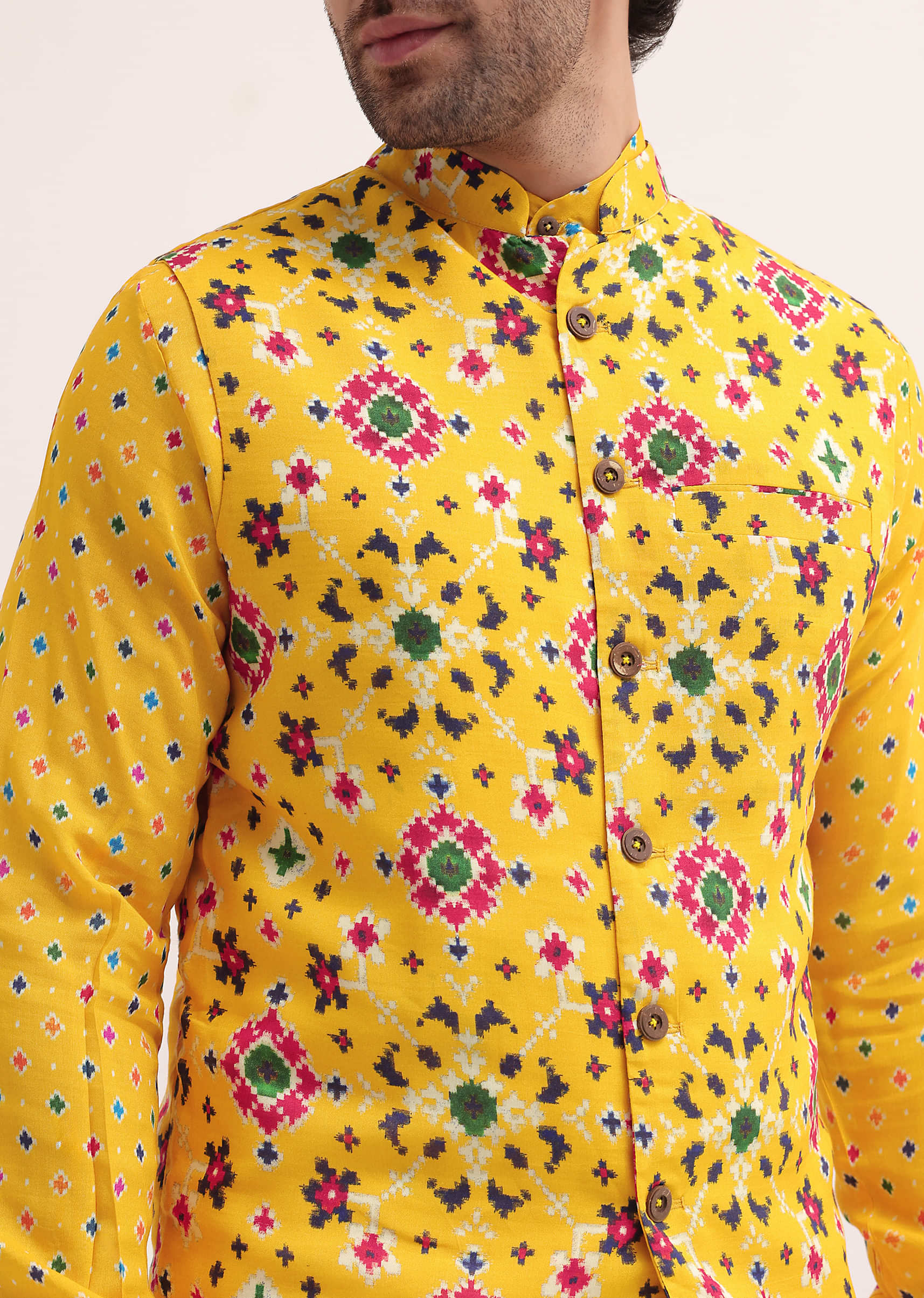 Yellow Patola Printed Kurta Jacket Set For Men - Image 3