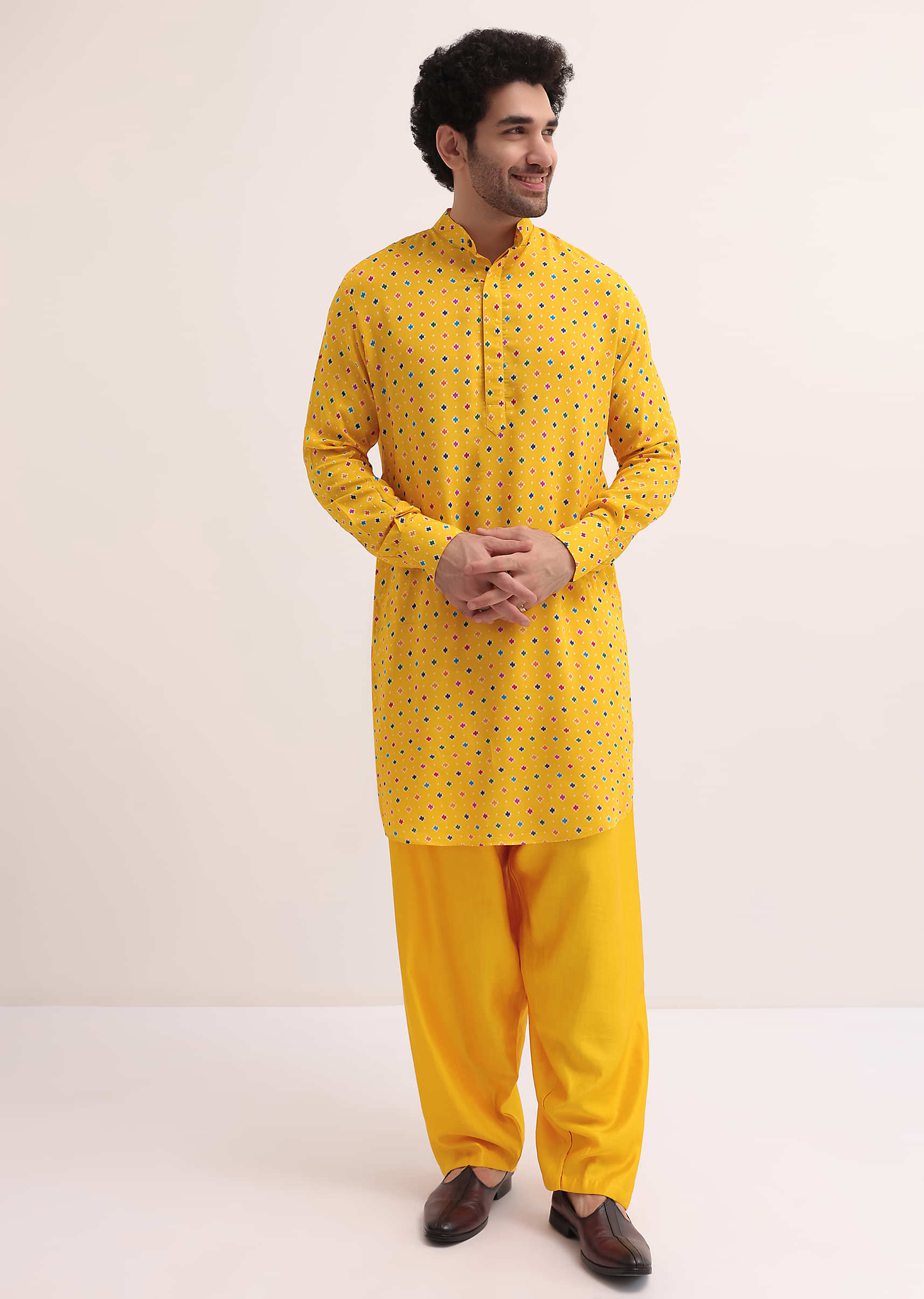Yellow Patola Printed Kurta Jacket Set For Men - Image 5