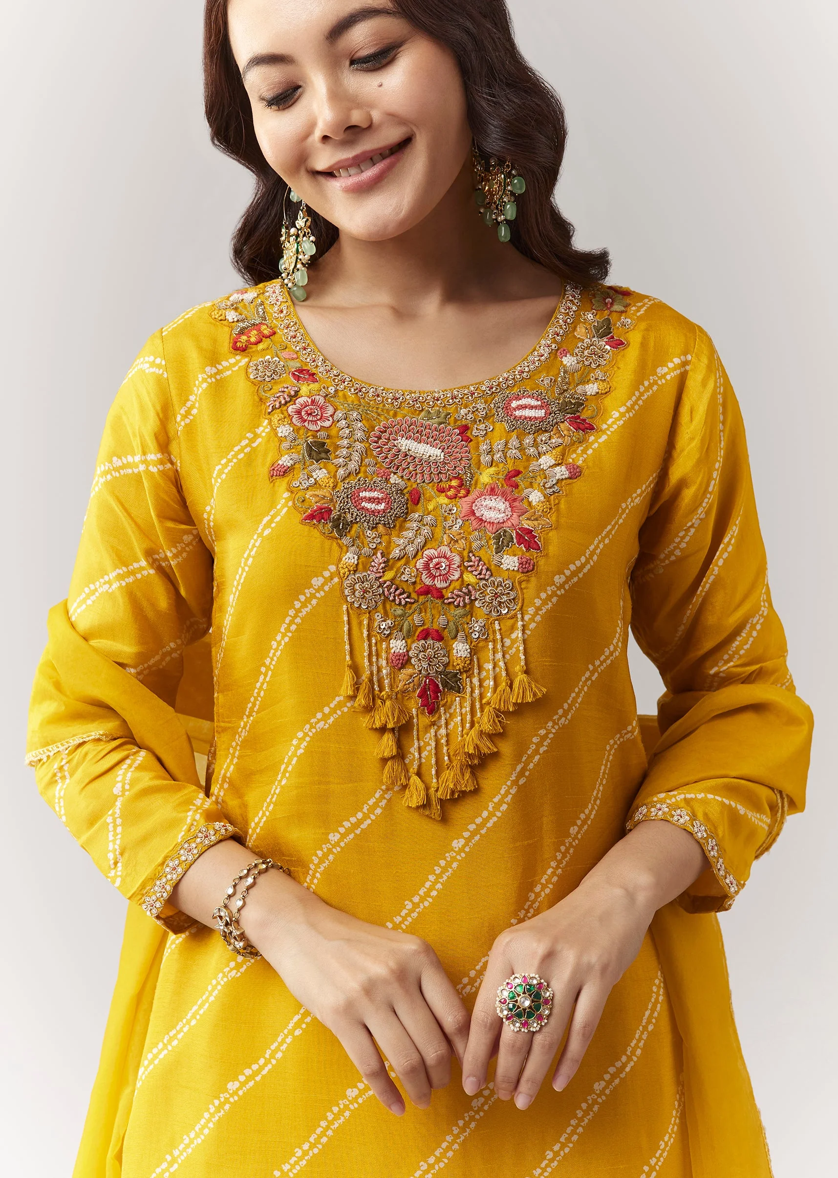 Yellow Printed Kurta Pant Set With Embroidered Yoke And Dupatta - Image 2