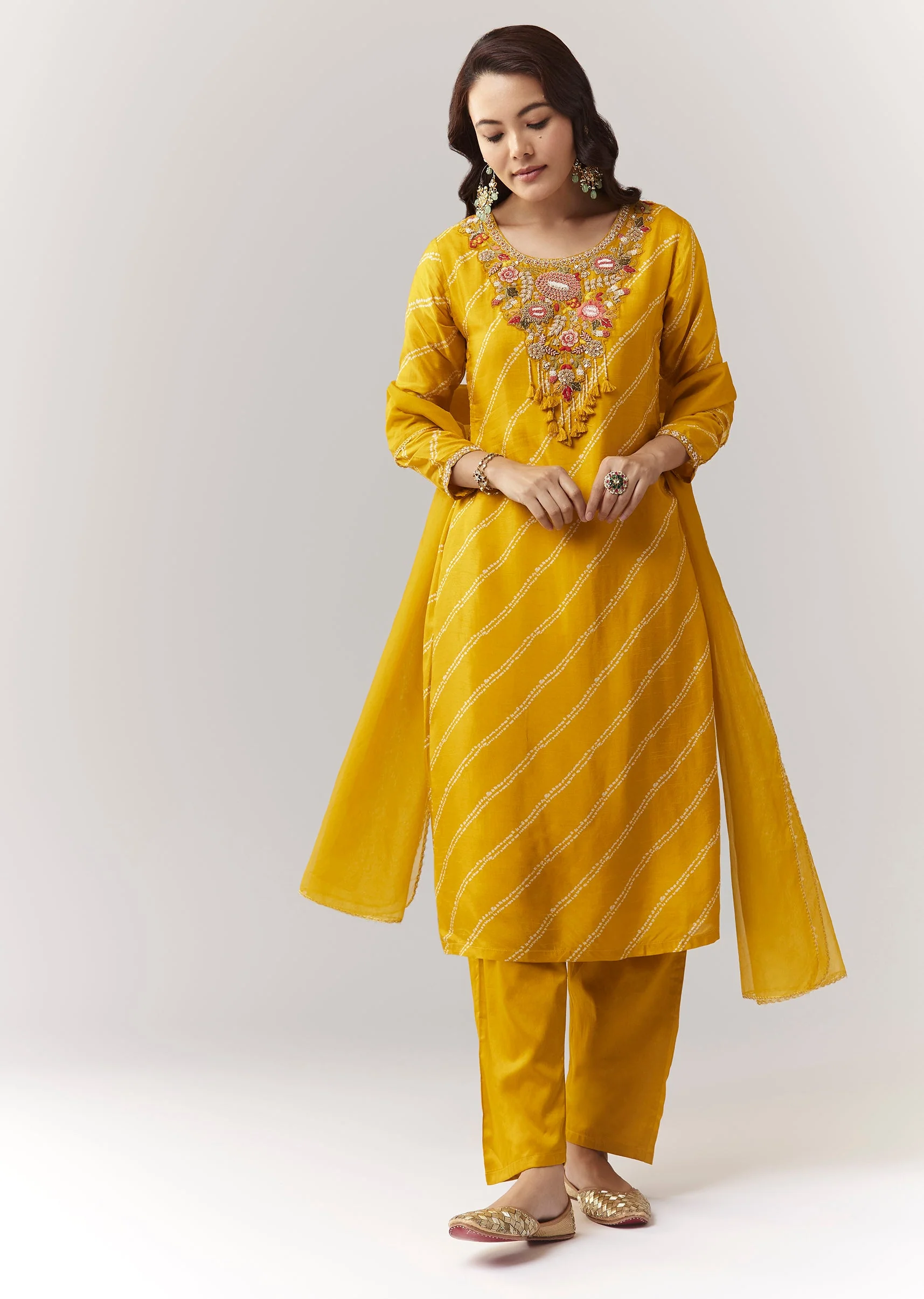 Yellow Printed Kurta Pant Set With Embroidered Yoke And Dupatta - Image 3
