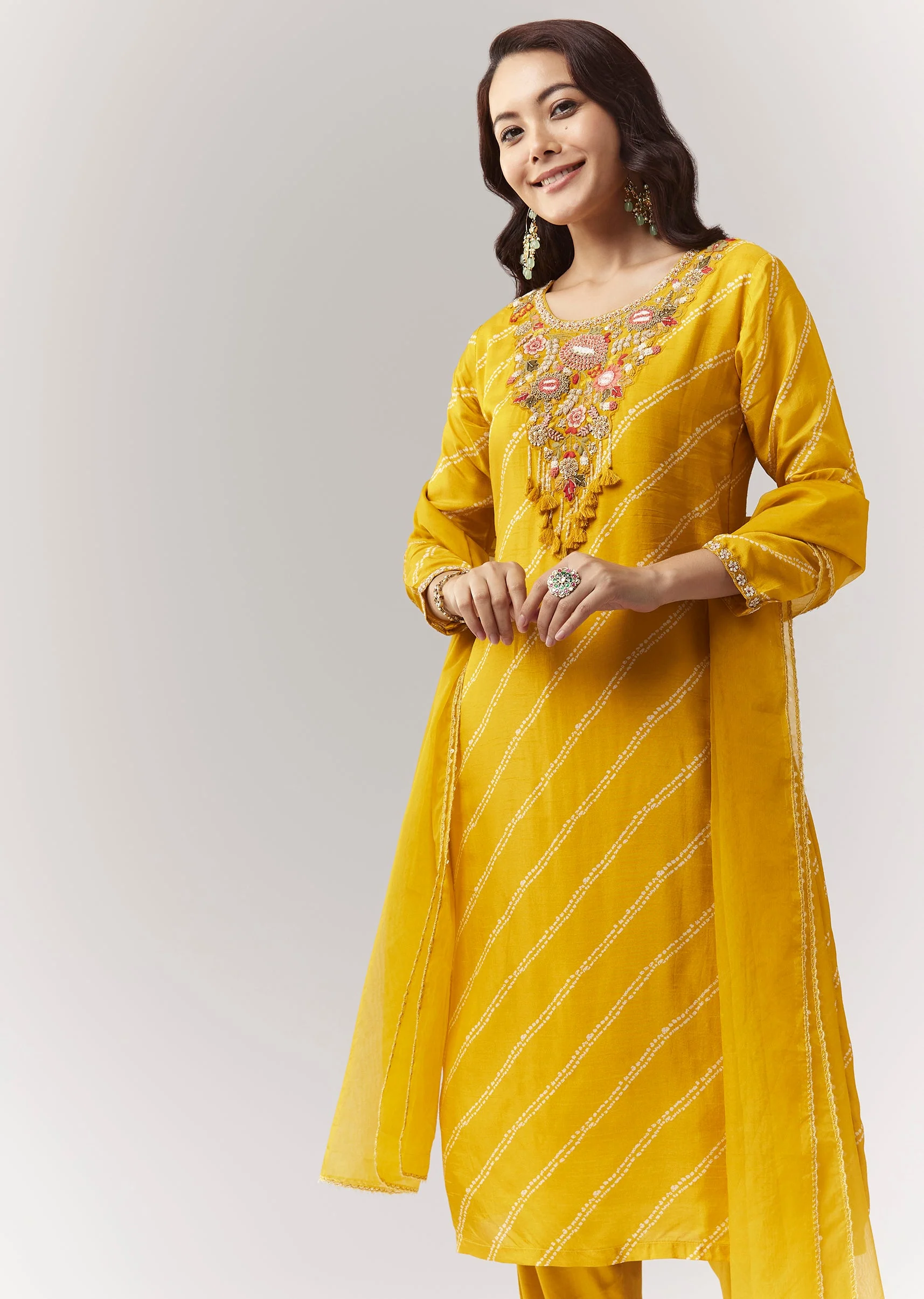 Yellow Printed Kurta Pant Set With Embroidered Yoke And Dupatta - Image 4