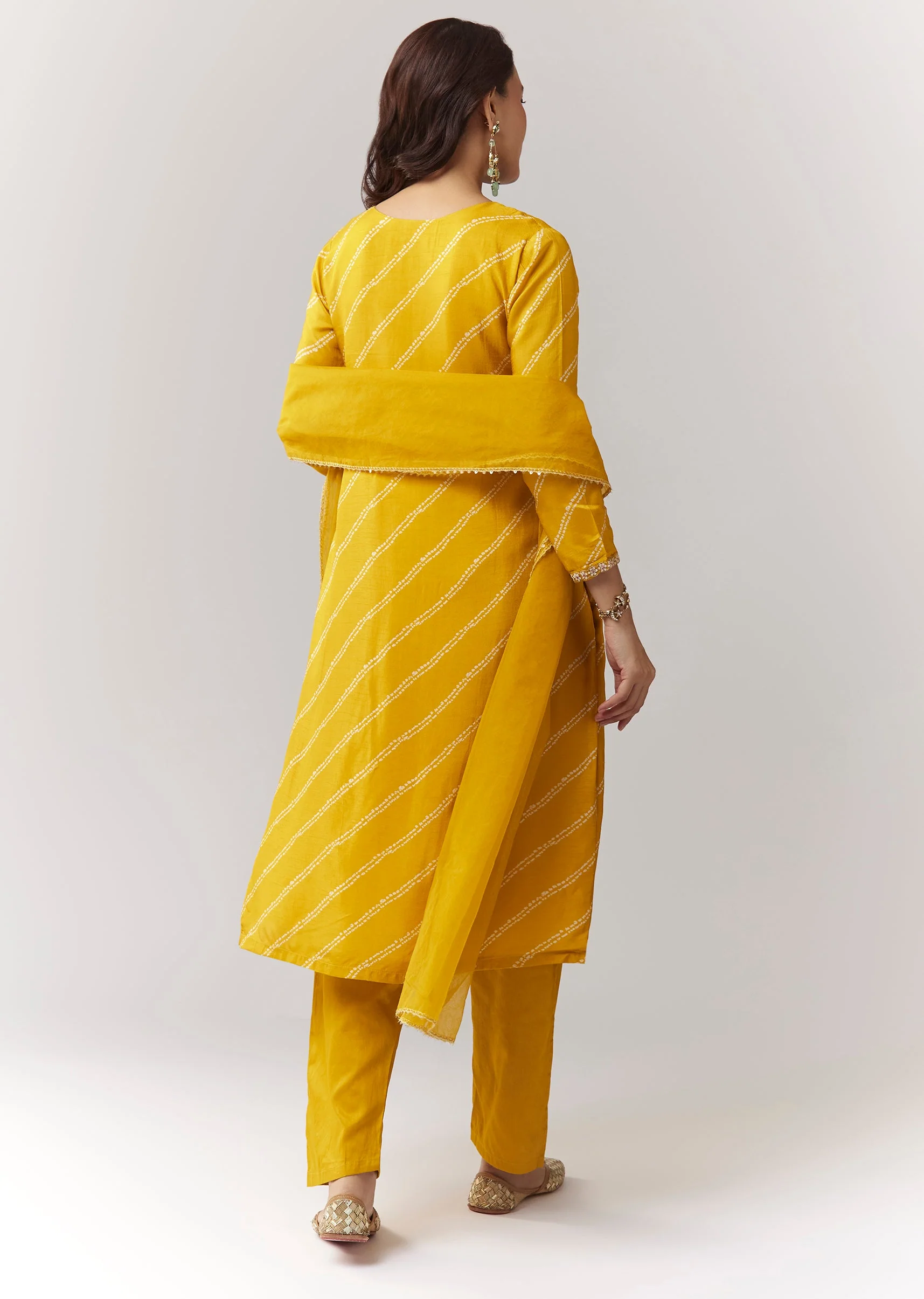 Yellow Printed Kurta Pant Set With Embroidered Yoke And Dupatta - Image 5