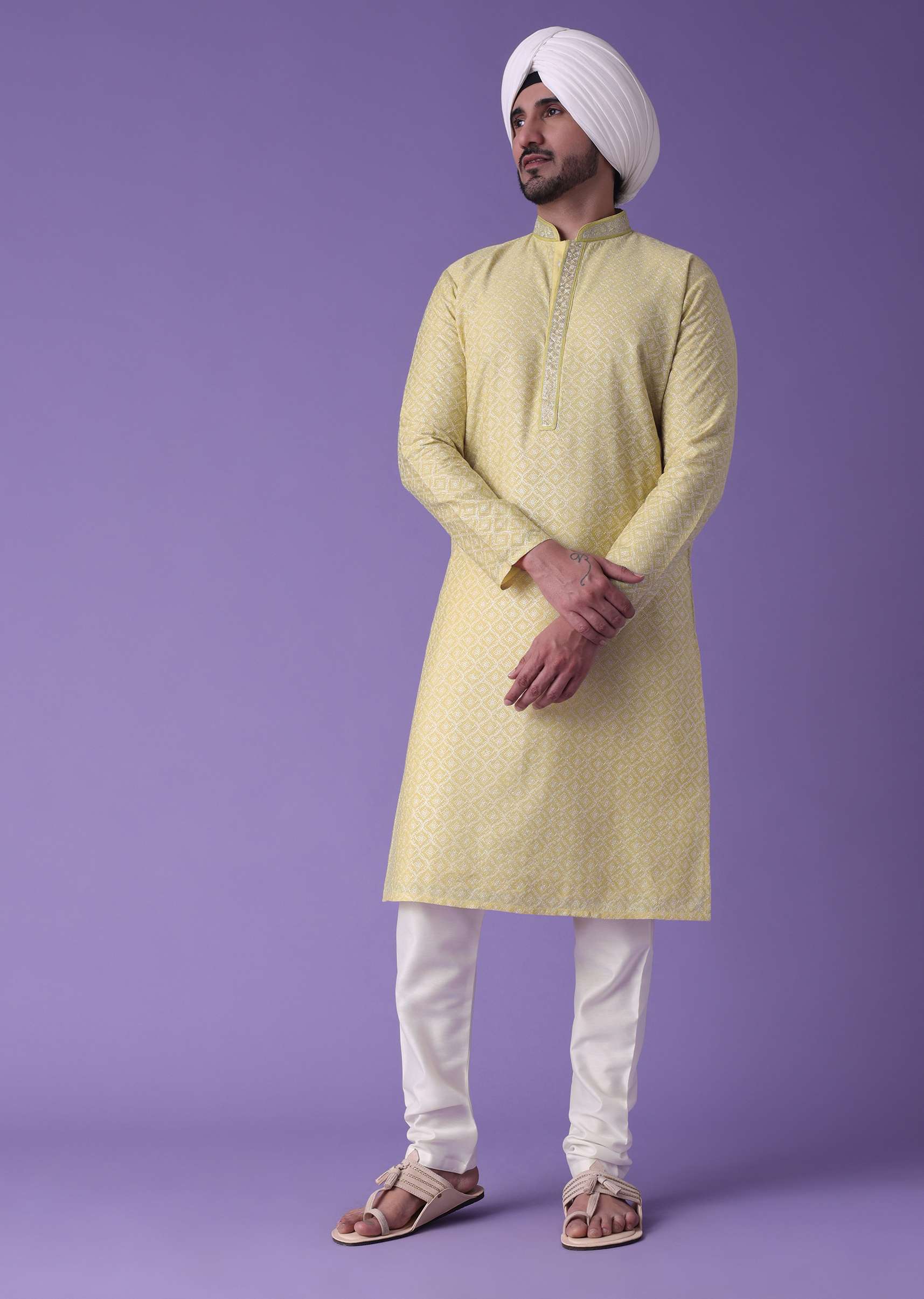 Yellow Printed Kurta Set In Silk With Zari Work - Image 5