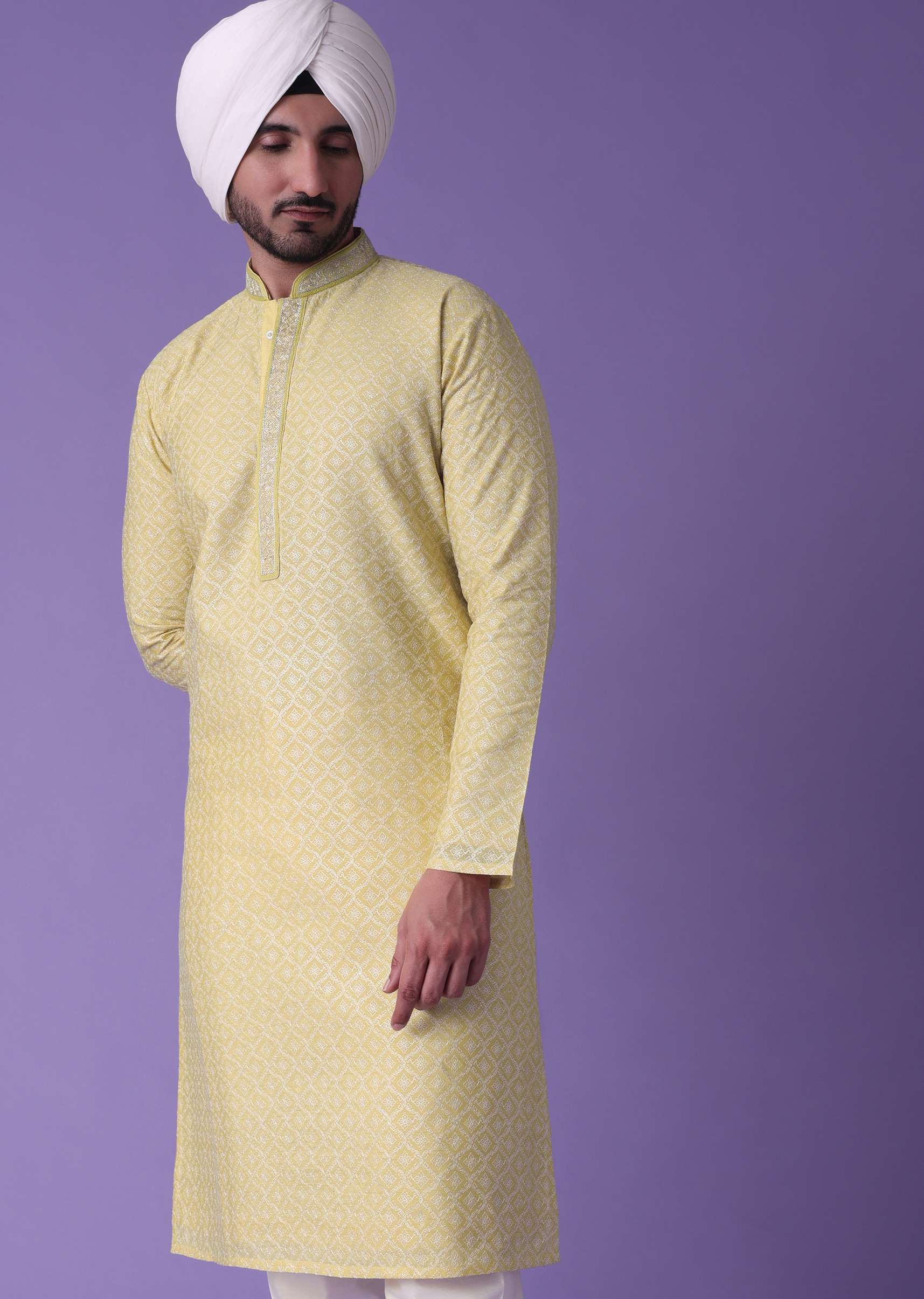 Yellow Printed Kurta Set In Silk With Zari Work - Image 6