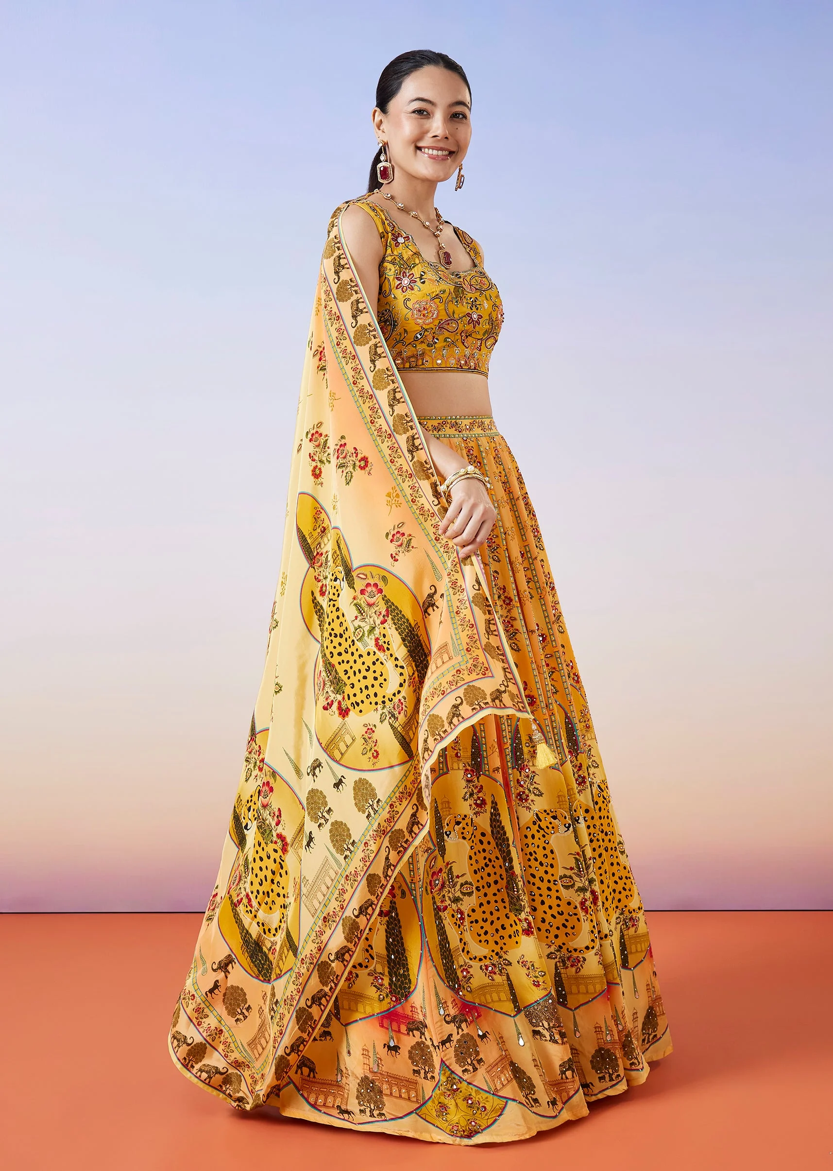 Yellow Printed Lehenga With Dupatta - Image 4